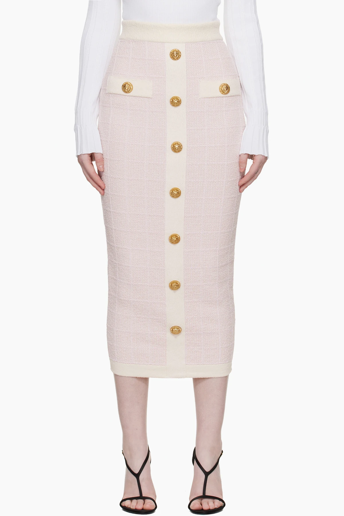 Pink Buttoned Knit Light Tweed Maxi Skirt