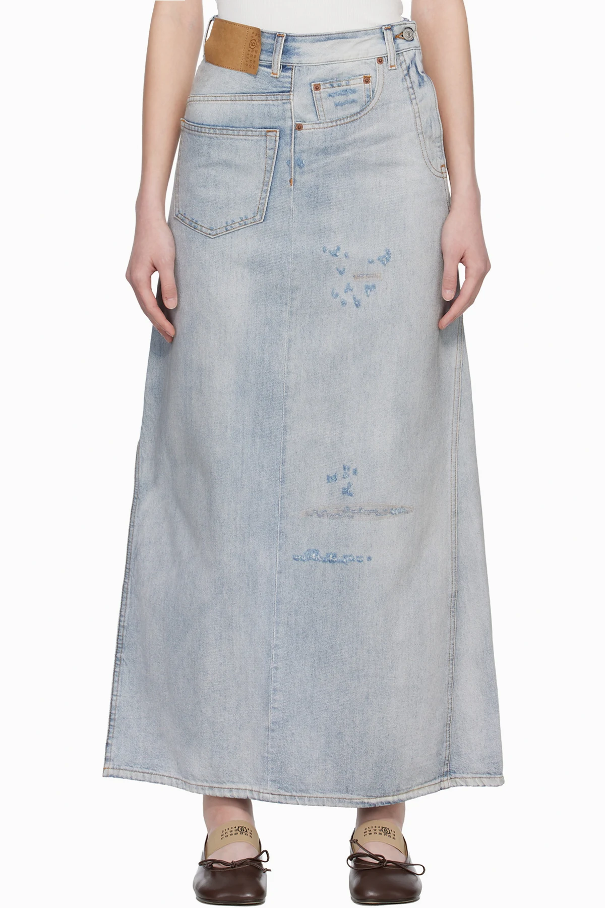 Blue Distressed Denim Maxi Skirt
