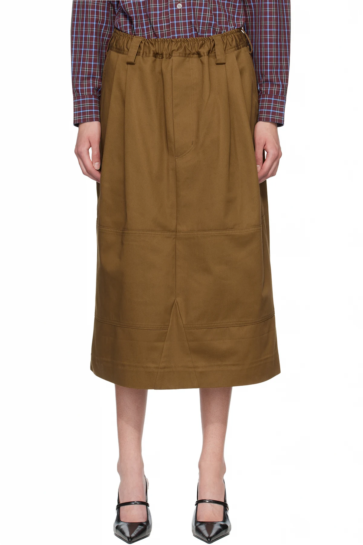 Brown Workwear Drawstring Denim Midi Skirt