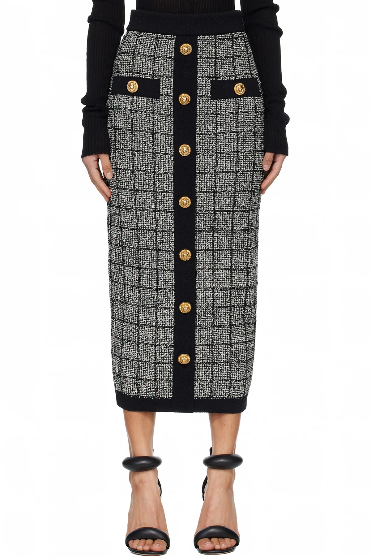 Black & White Buttoned Knit Light Tweed Maxi Skirt