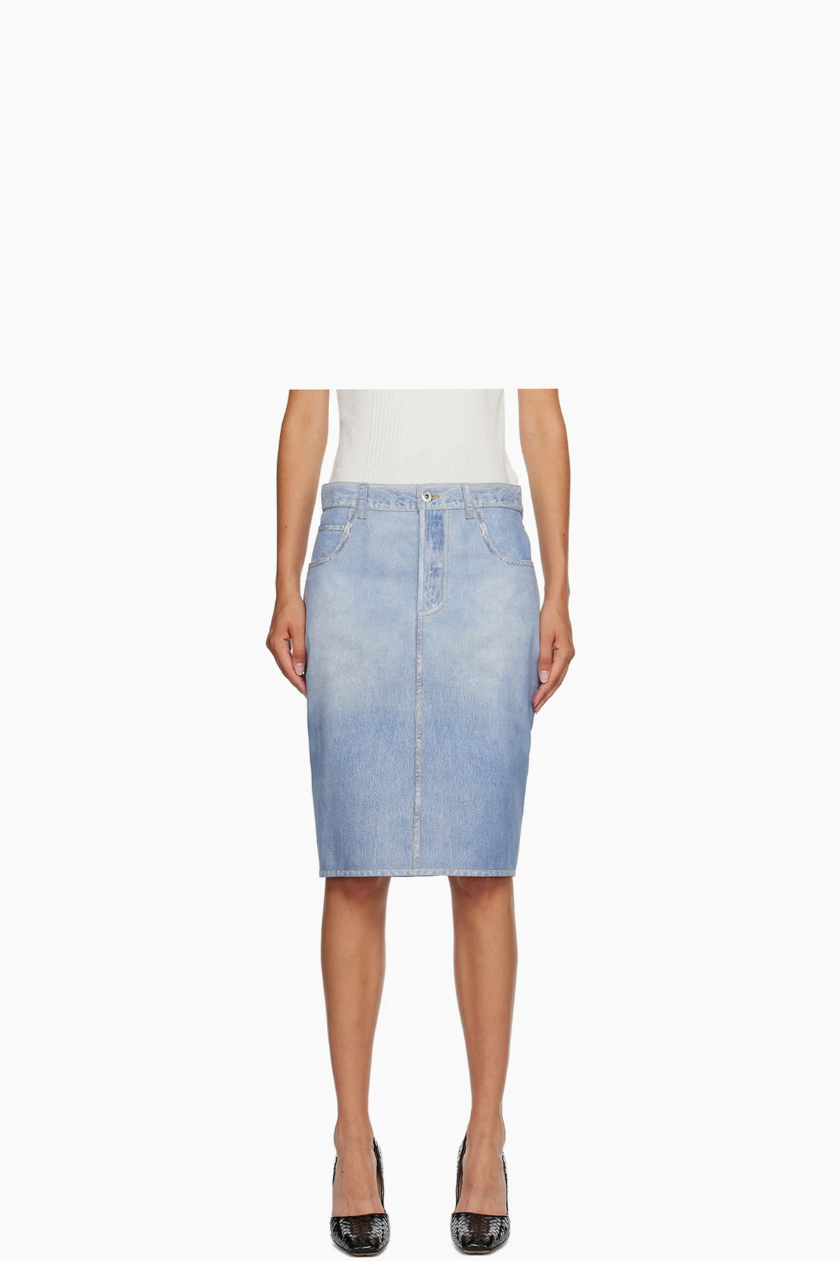 Blue Printed Leather Midi Skirt