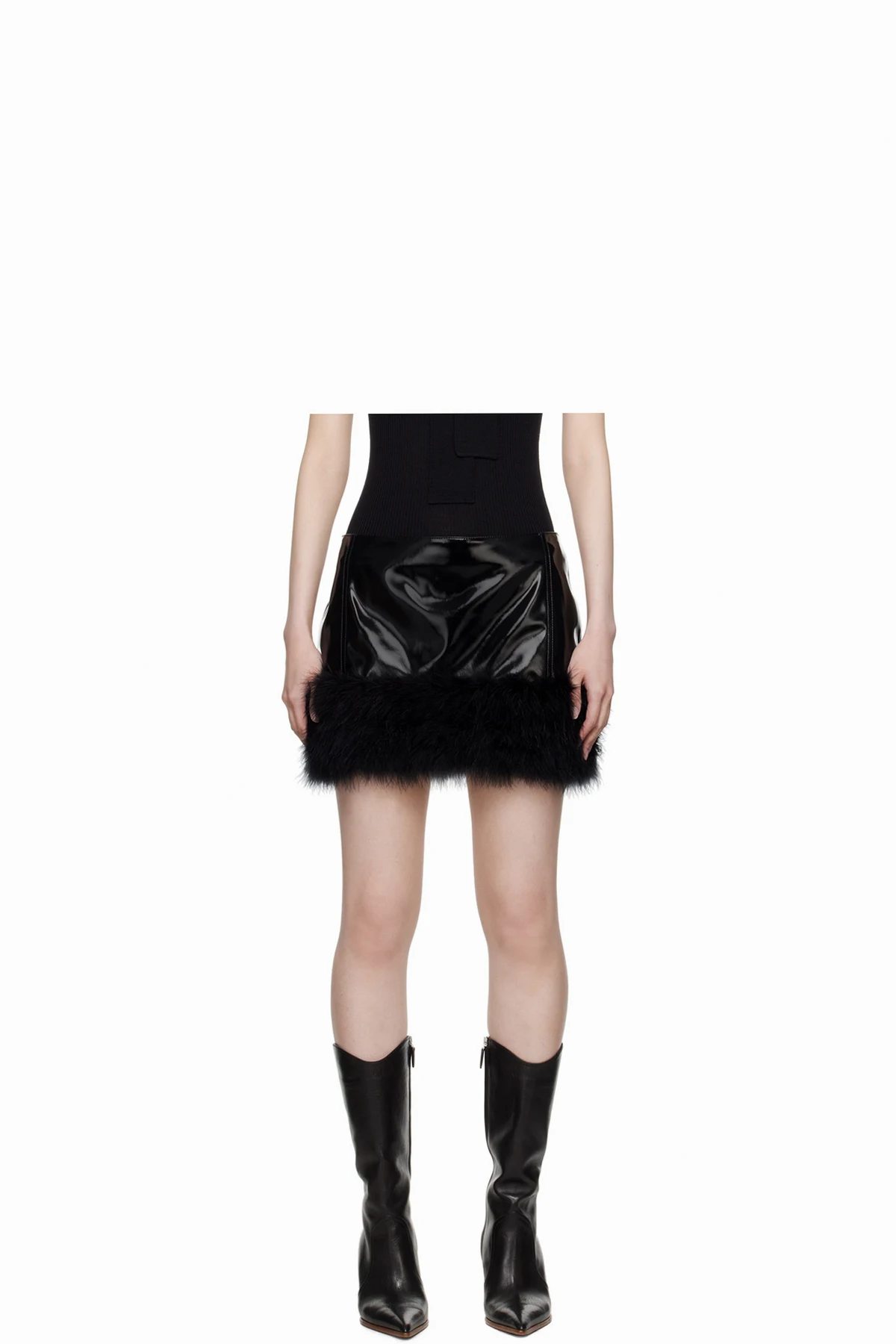 Black Marabou Feather Faux-Leather Miniskirt