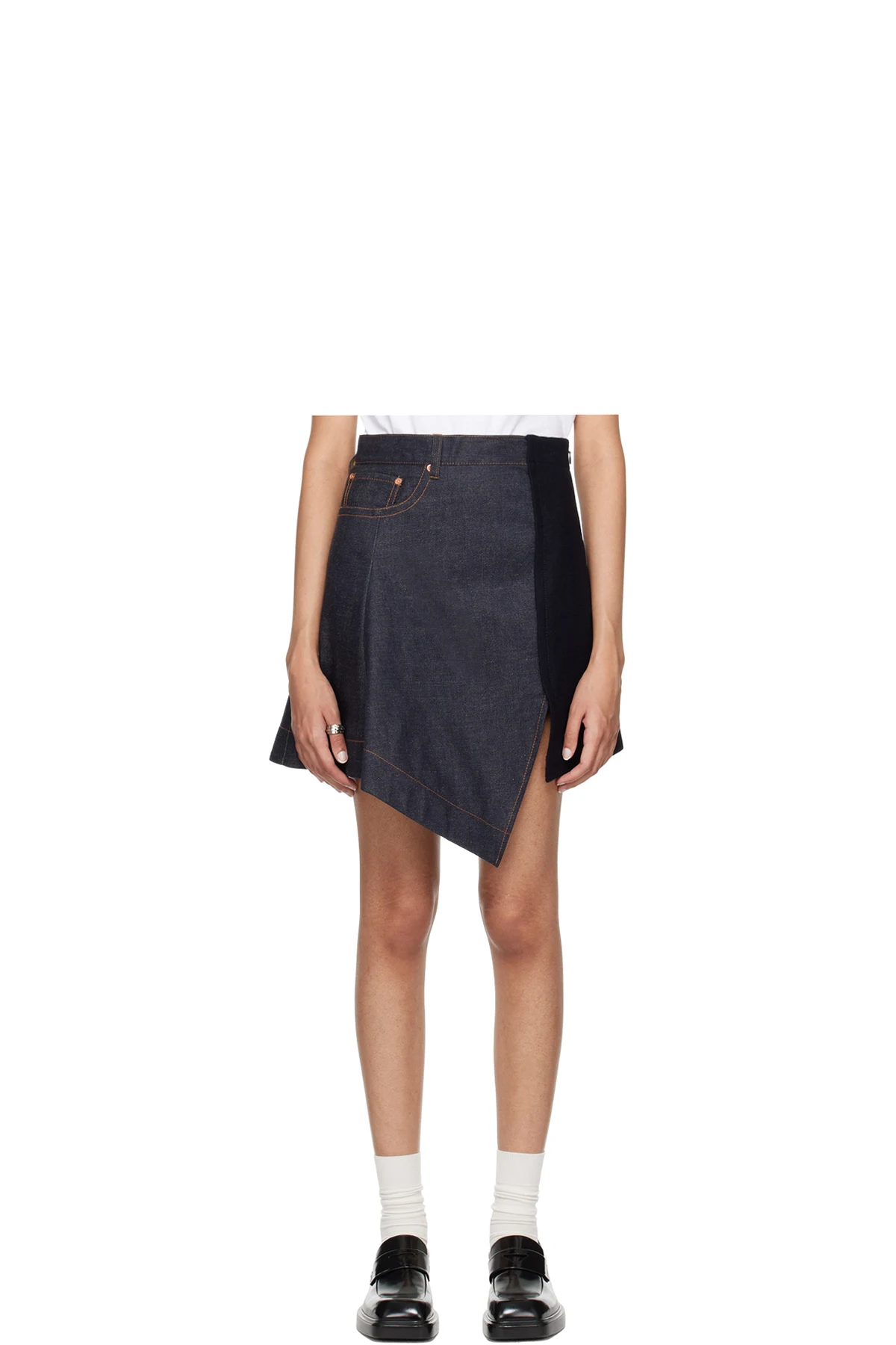 Navy Wool Paneled Denim Miniskirt
