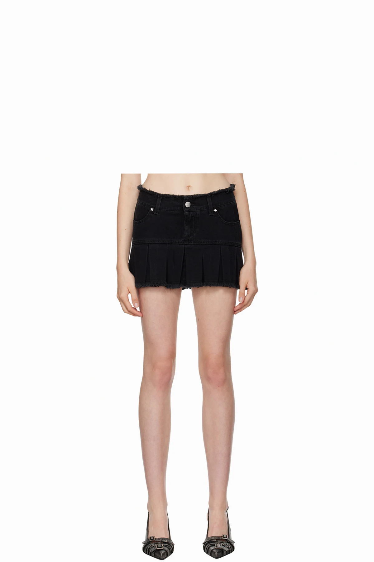 Black Pleated Denim Miniskirt