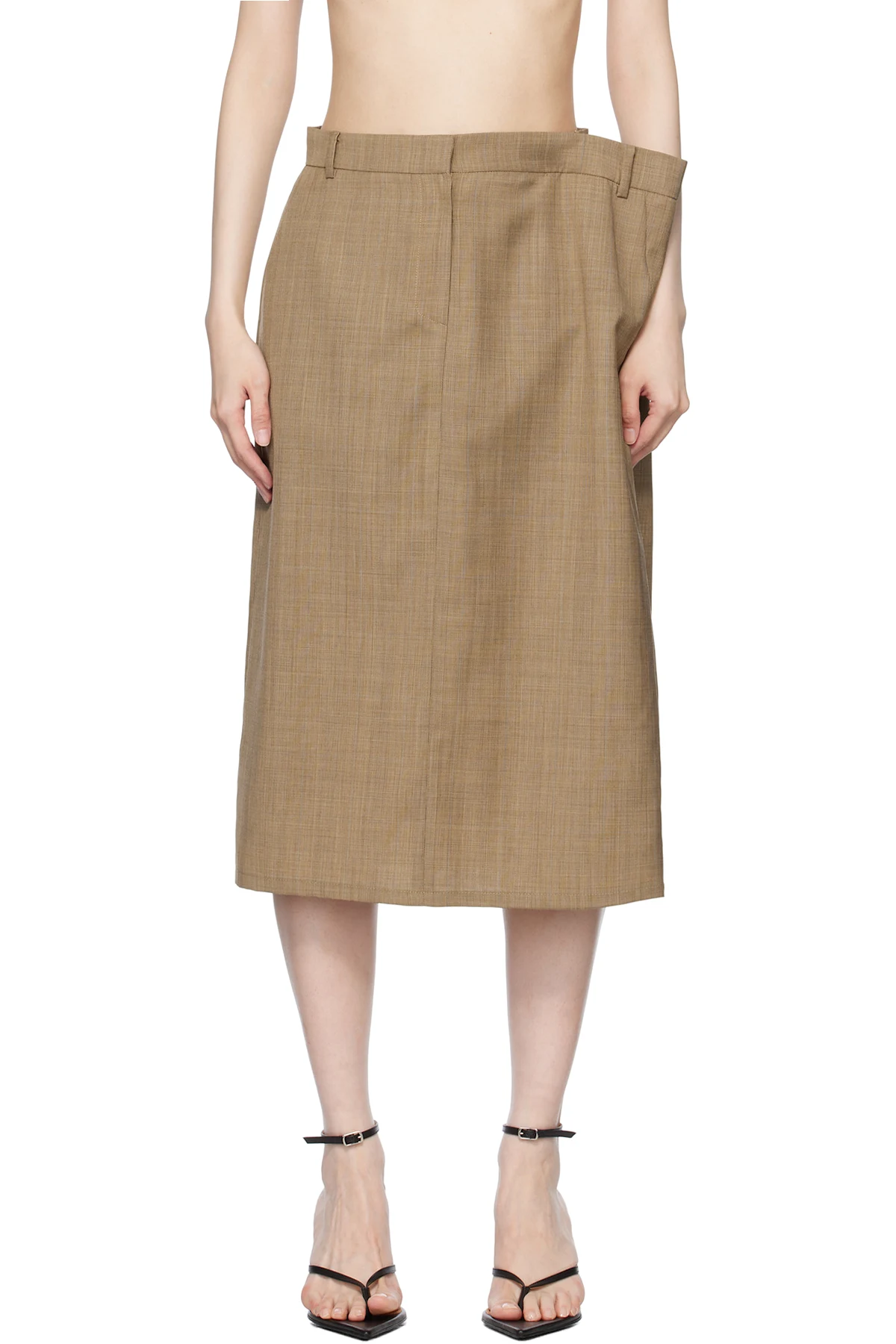 Beige Side Folded H Line Midi Skirt