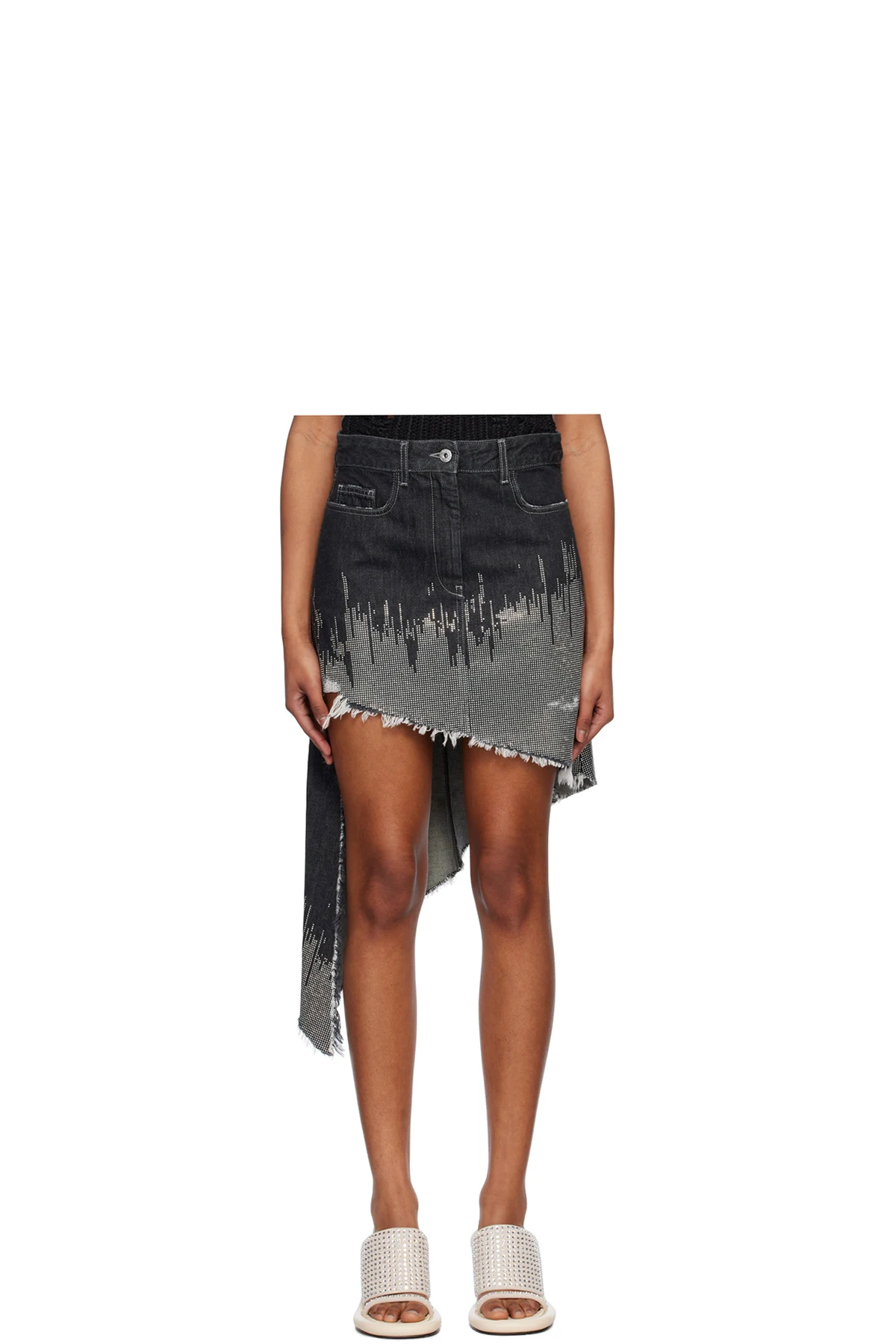 Gray Studded Denim Midi Skirt