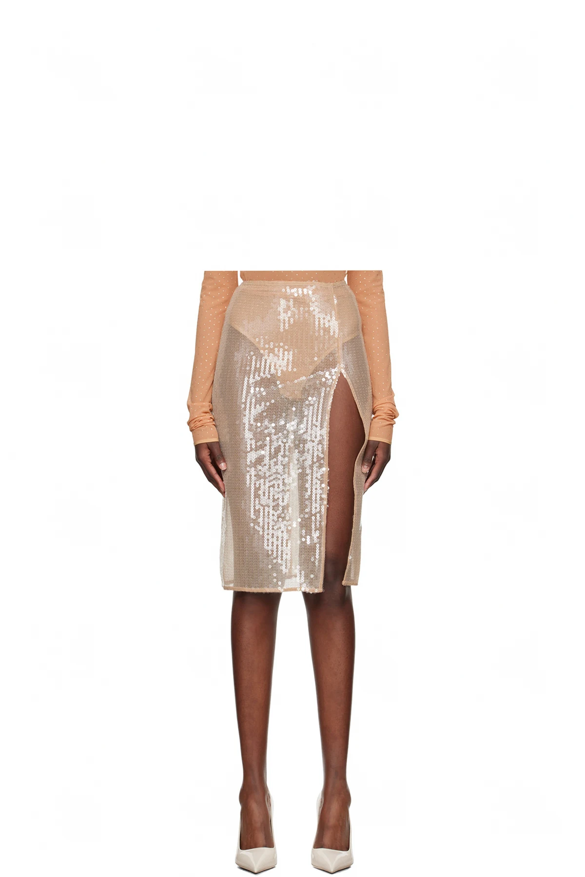 Beige Vented Midi Skirt