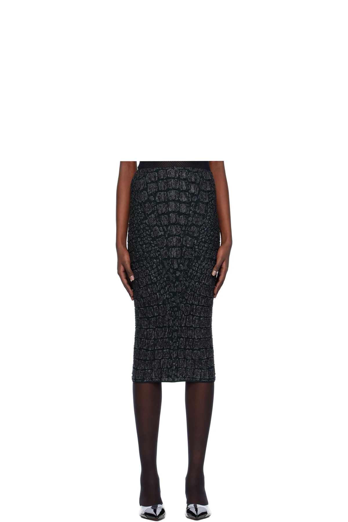 Gray Croc-Effect Midi Skirt