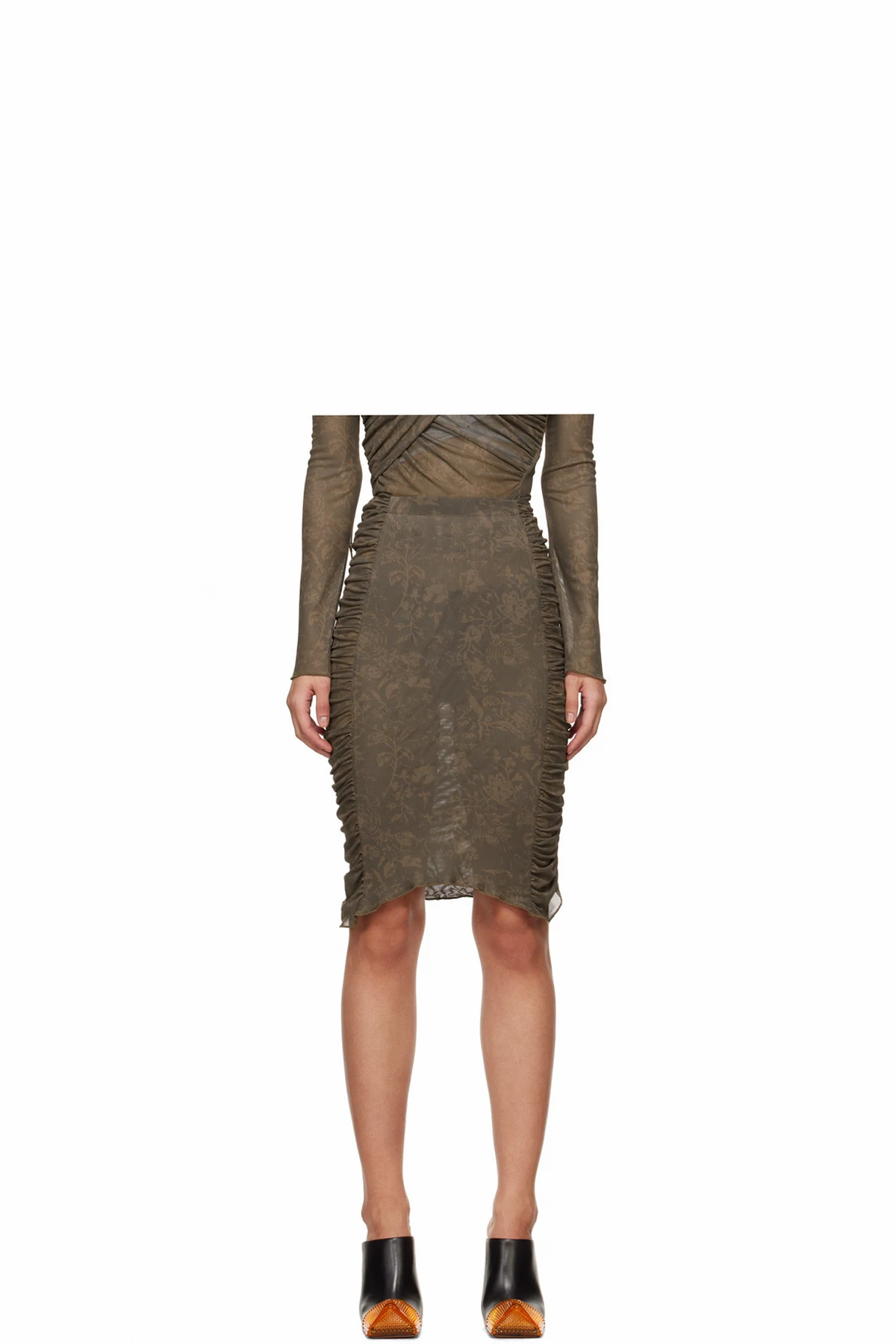 Khaki Ruched Midi SKirt