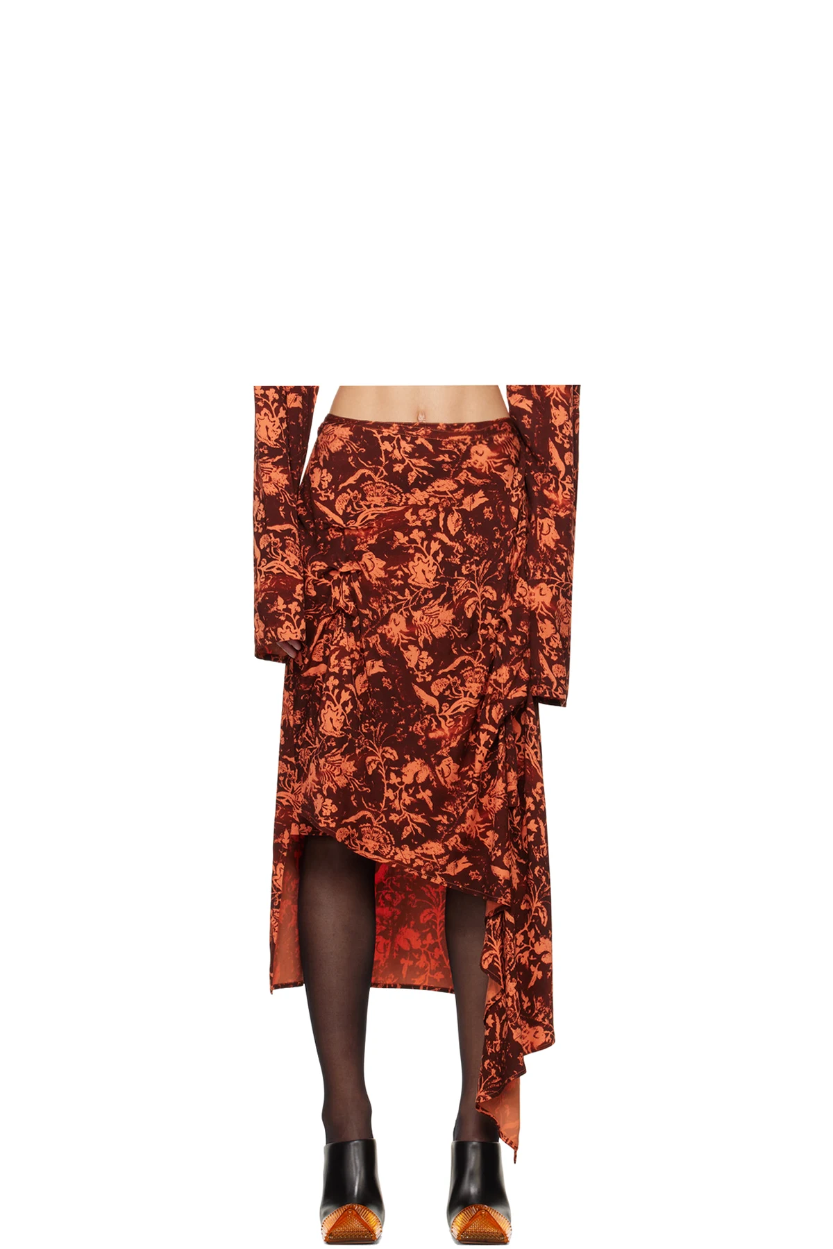 Burgundy & Orange Asymmetric Midi Skirt