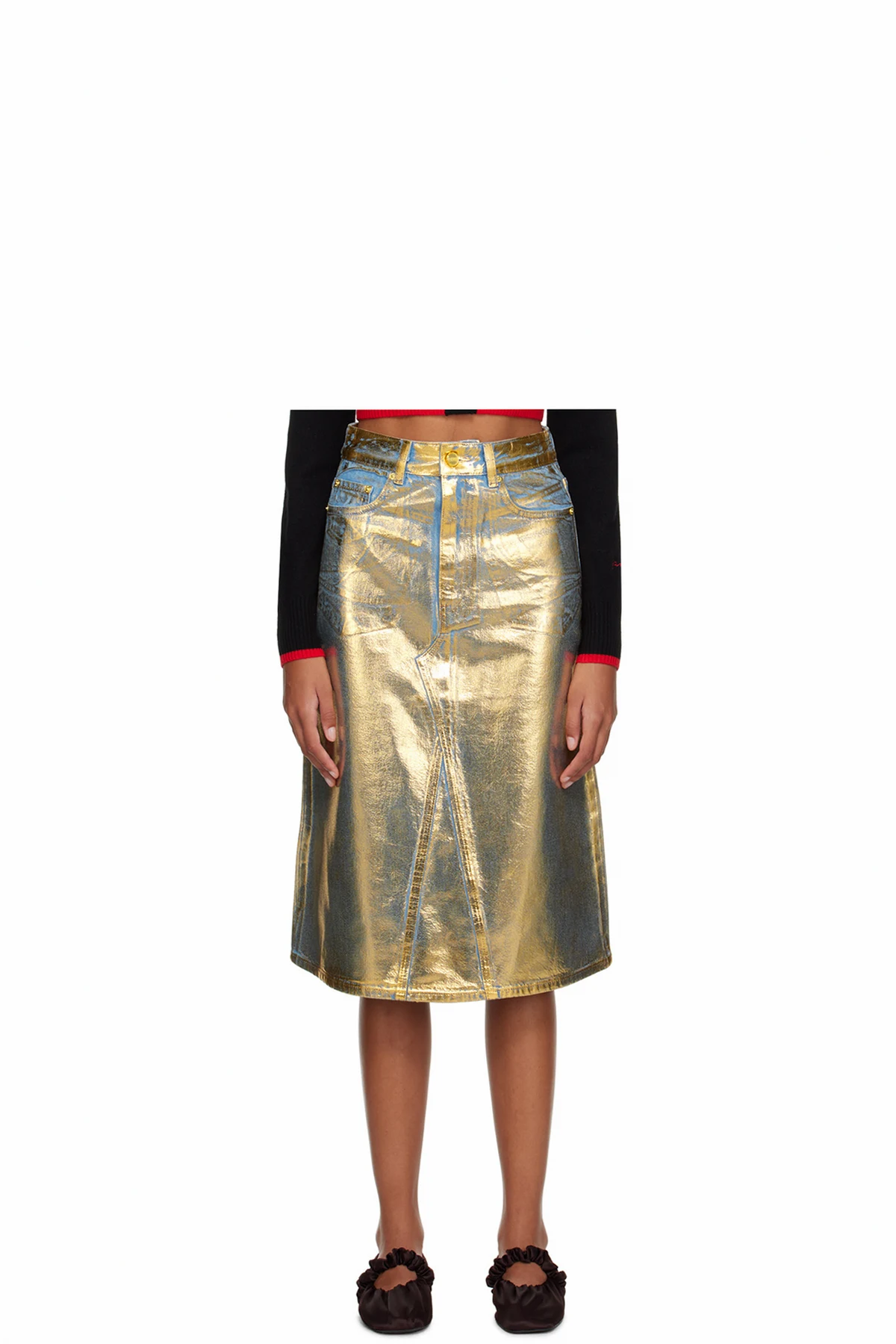 Blue & Gold Foil-Coated Denim Midi Skirt