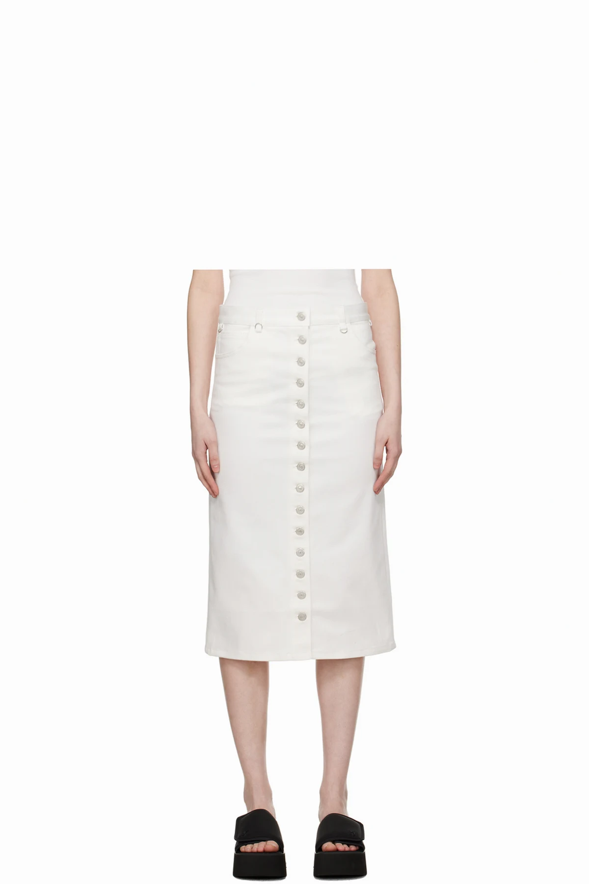 White Multiflex Denim Midi Skirt