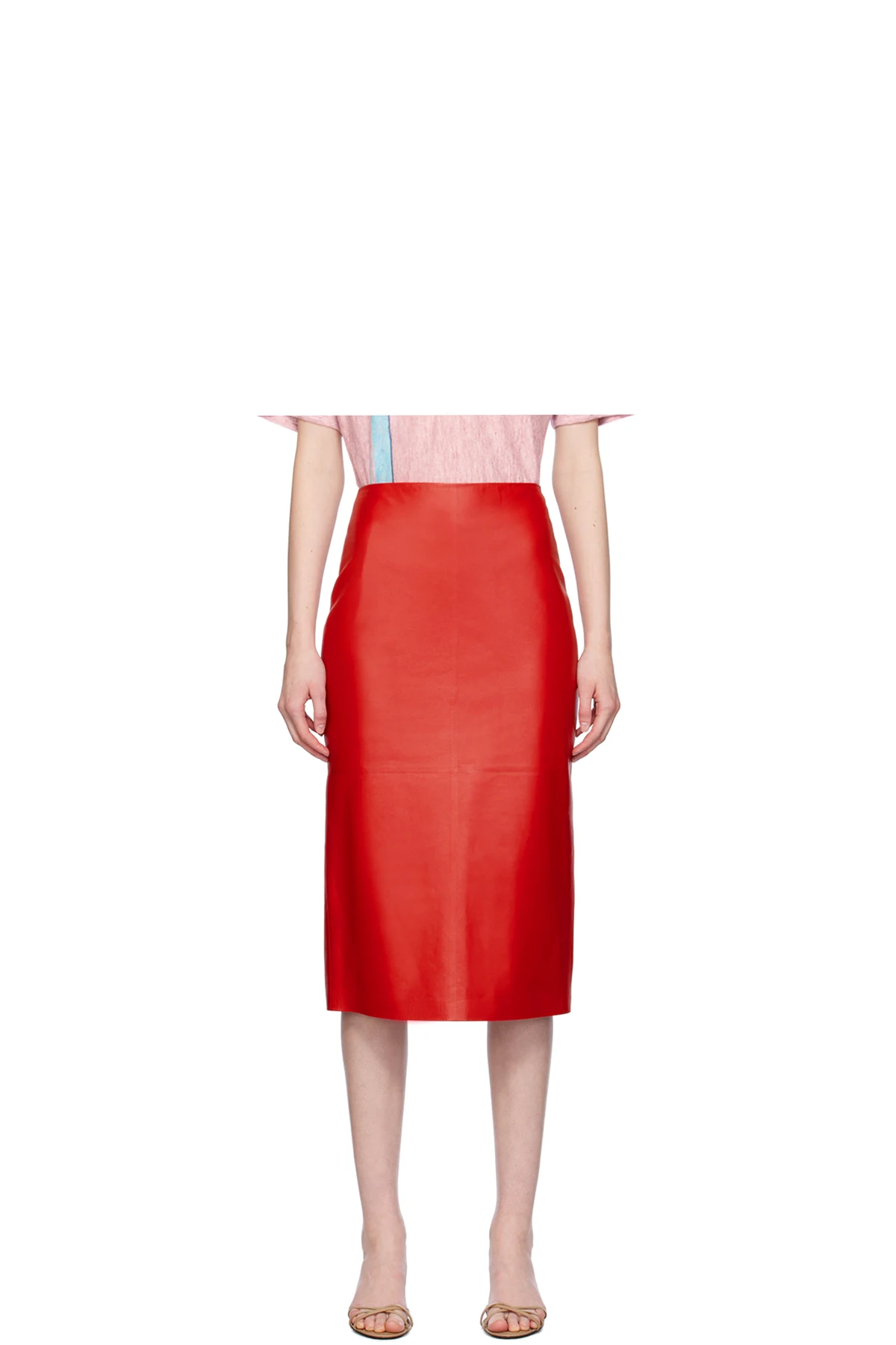 Red Bartellette Leather Midi Skirt