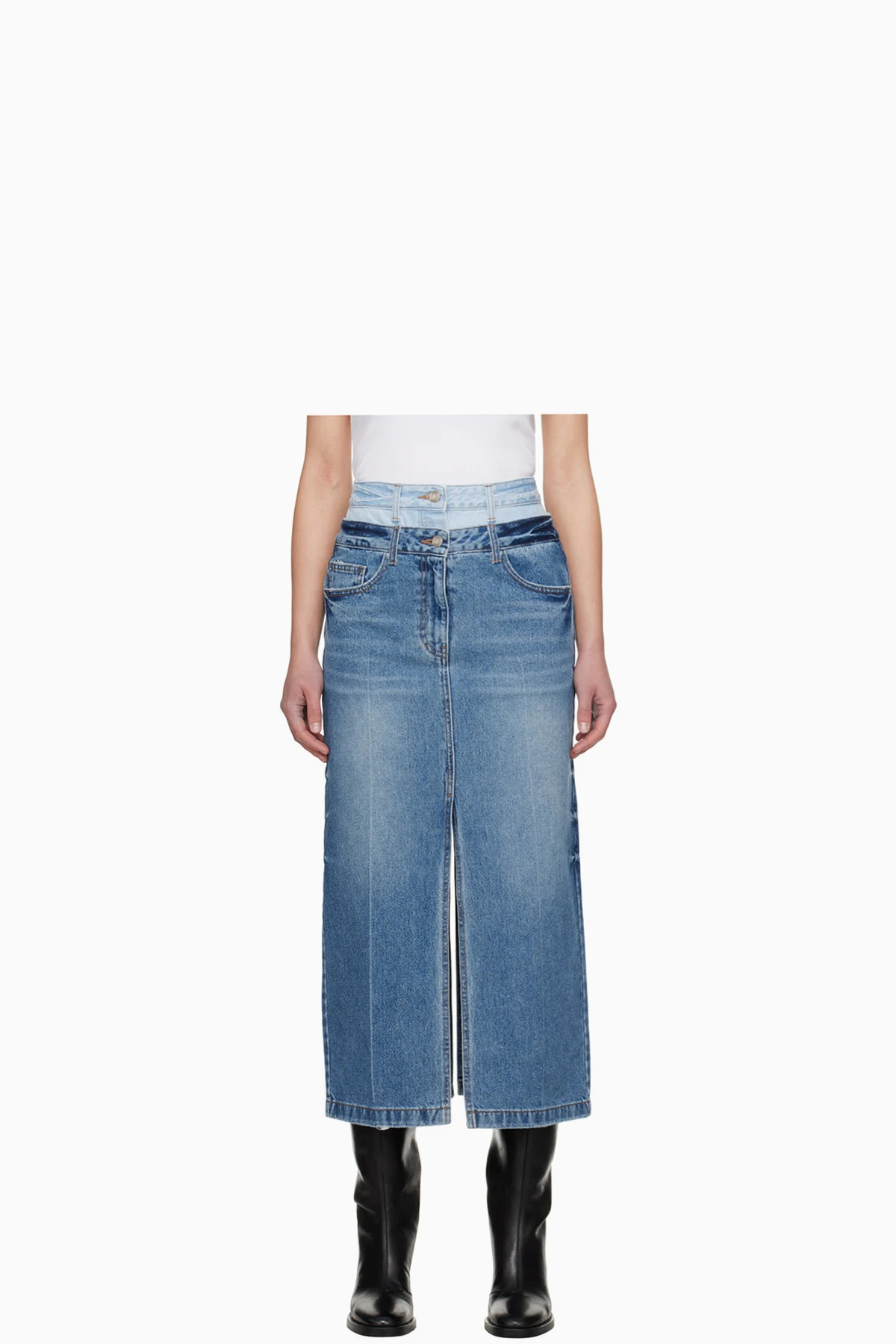 Blue Double Waist Denim Midi Skirt