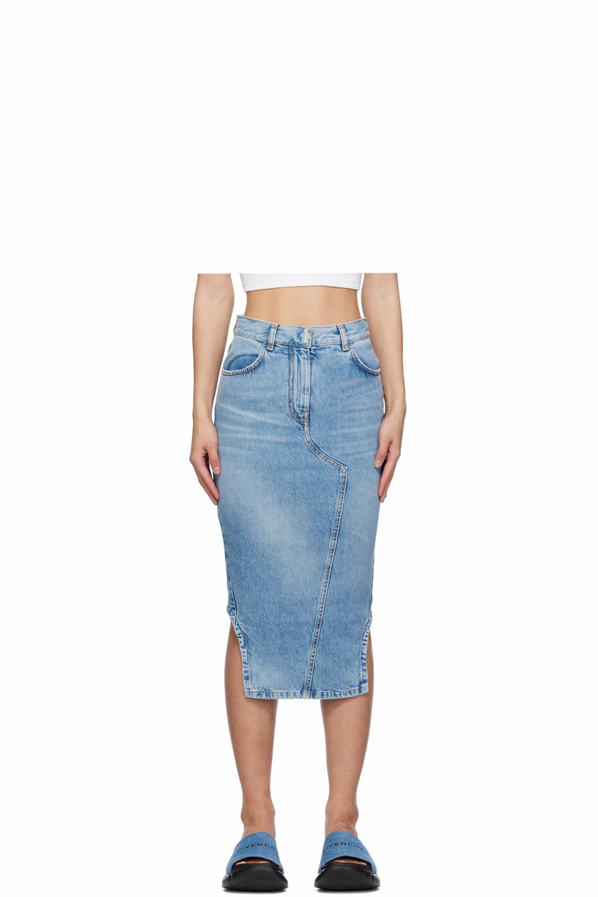 Blue Asymmetric Denim Midi Skirt