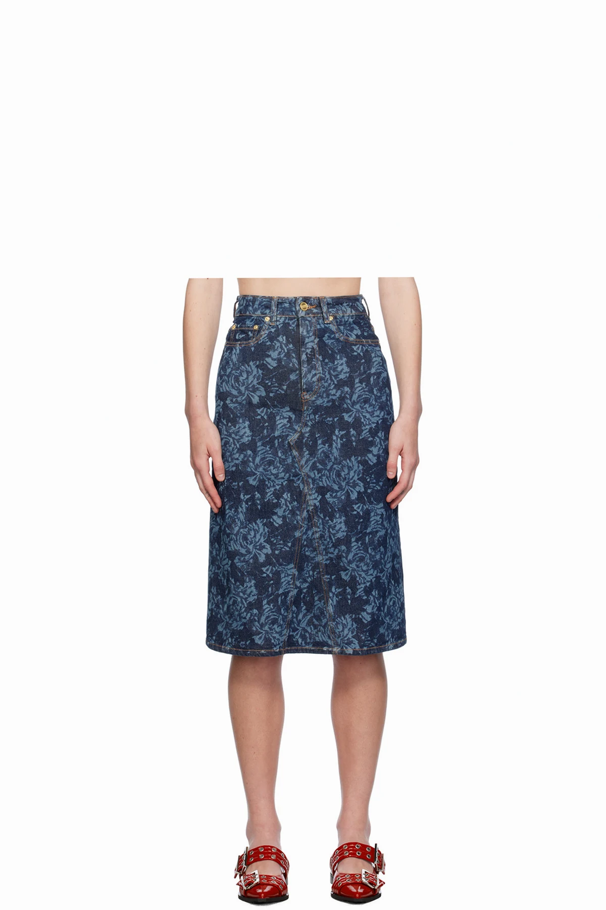 Blue Lazer Denim Midi Skirt