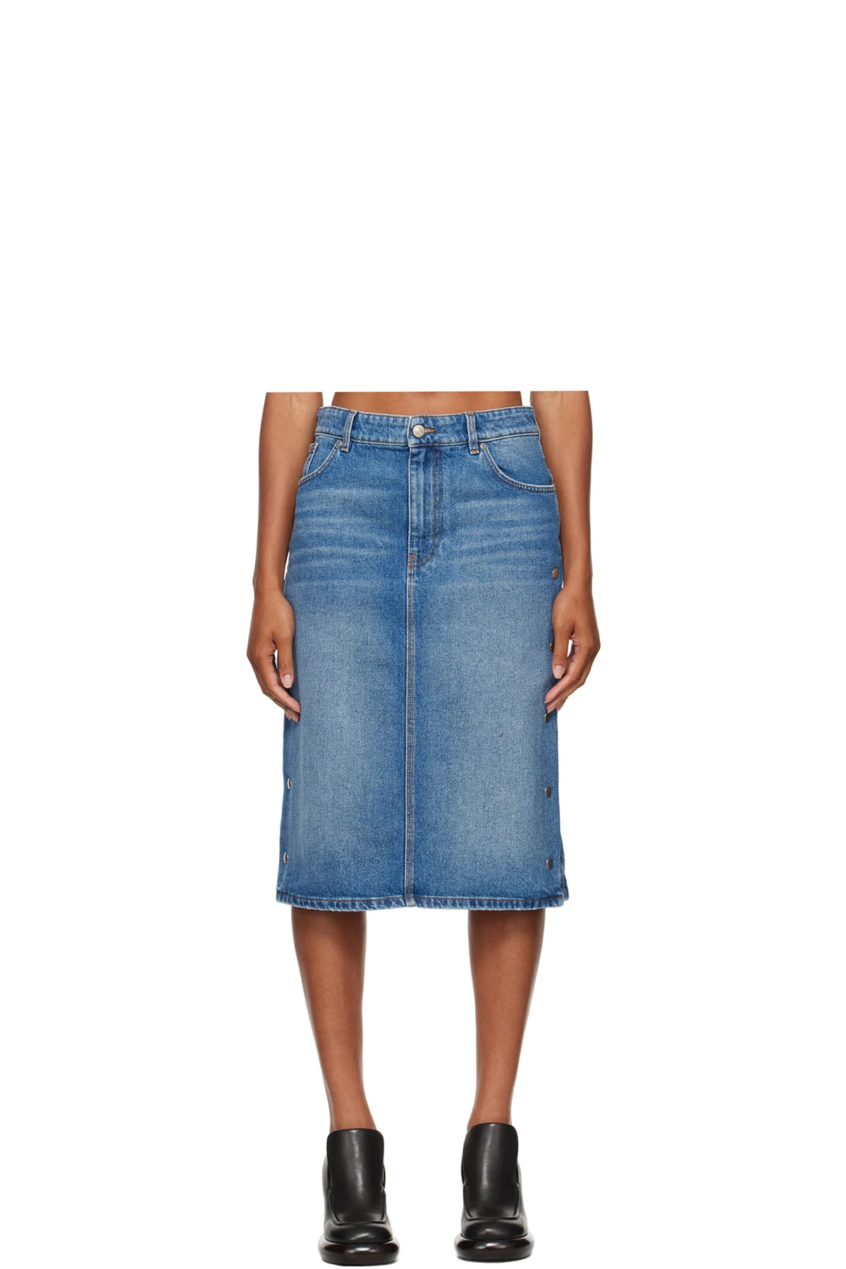 Blue Snap Denim Midi Skirt
