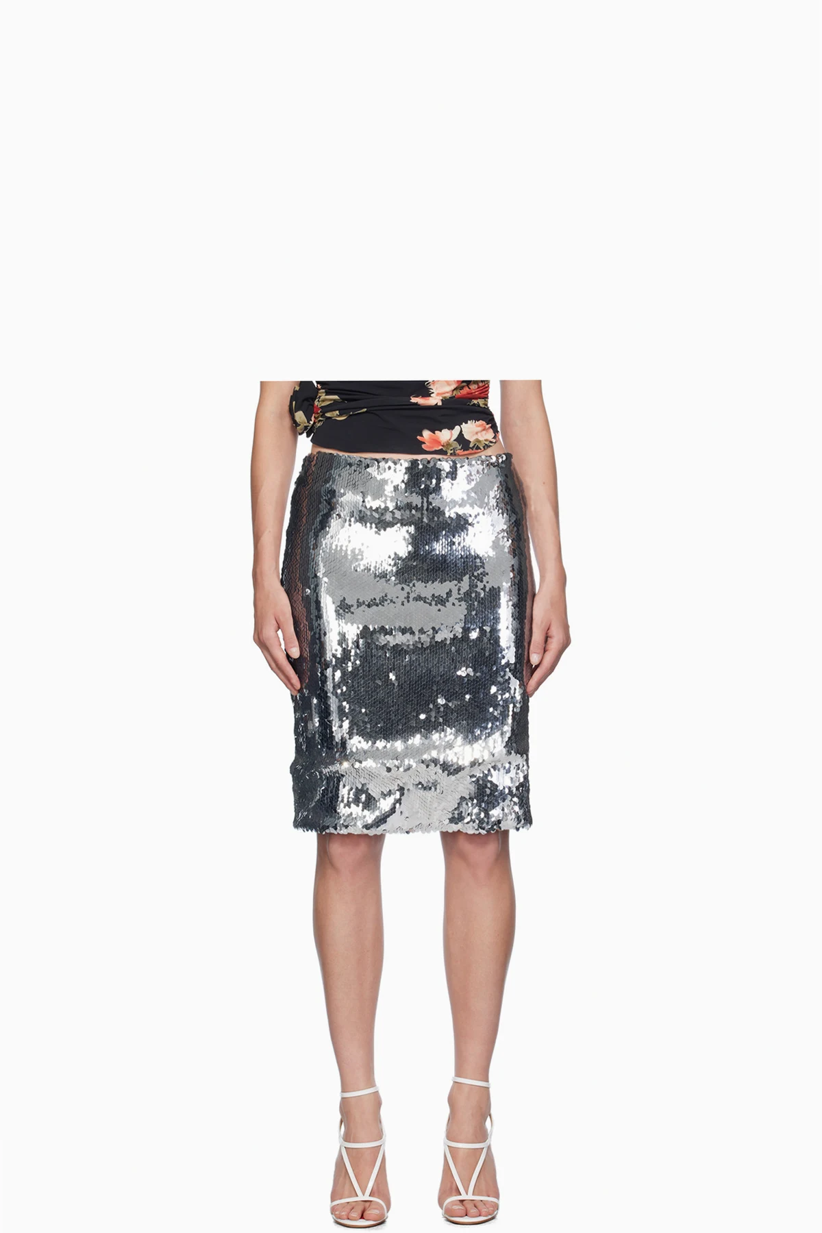 Silver Sequinned Midi Skirt