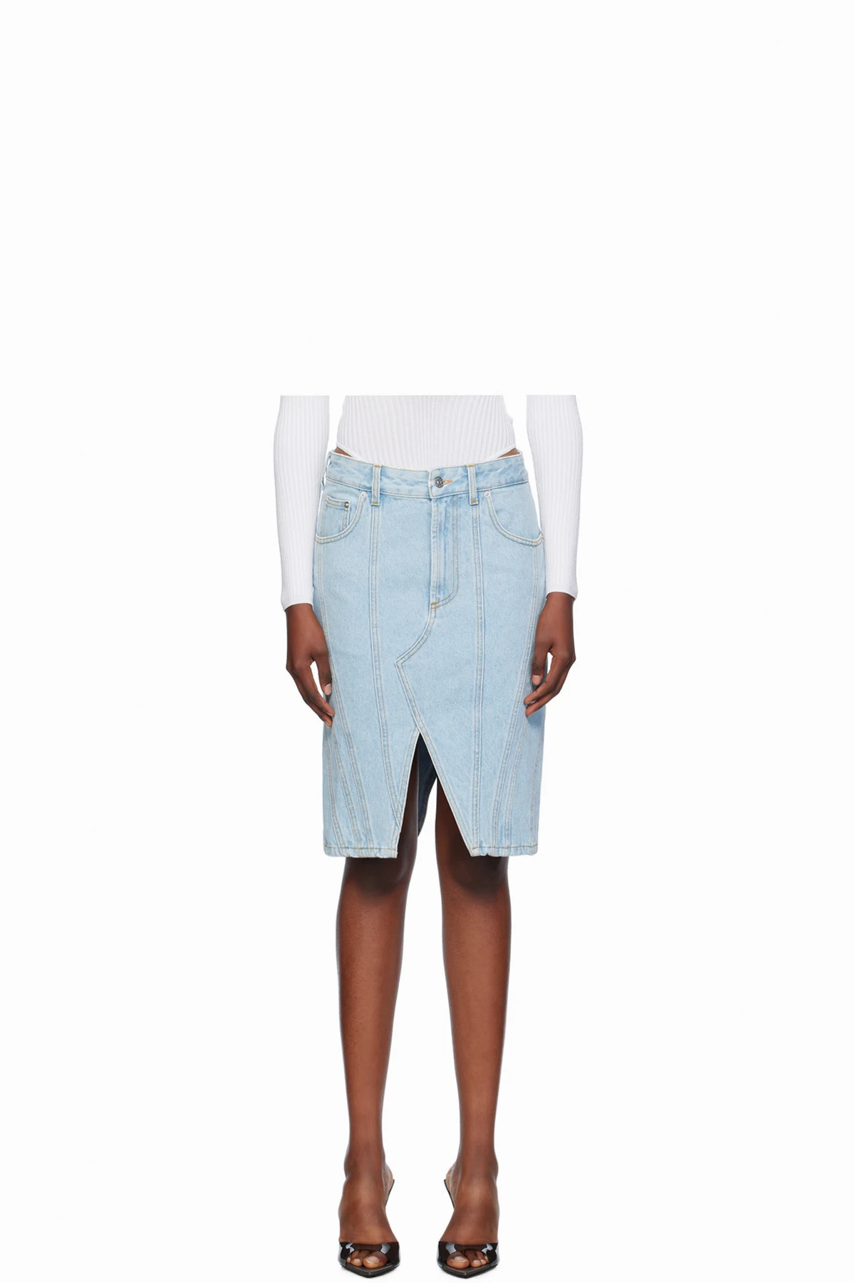 Blue Spiral Denim Midi Skirt