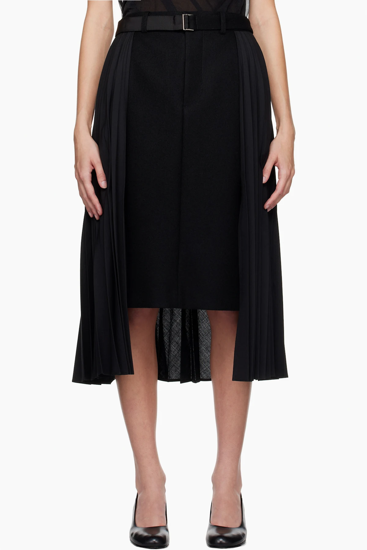 Black Suiting & Wool Melton Midi Skirt