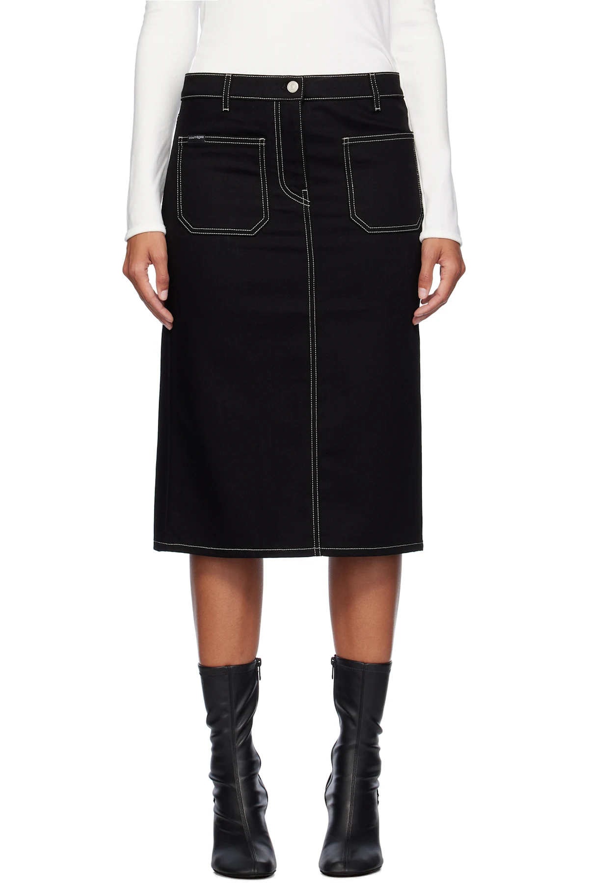 Black 2-Pocket Topstitched Denim Midi Skirt