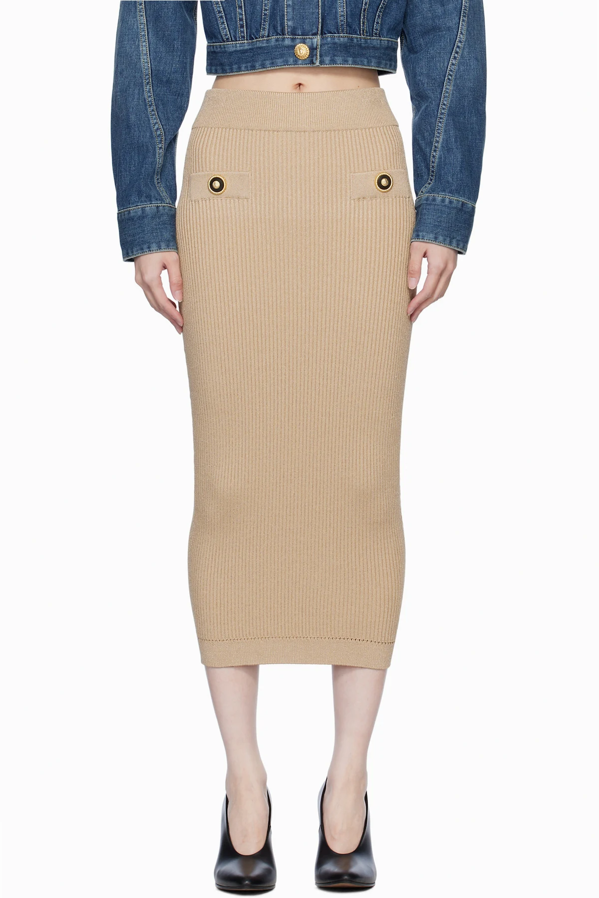 Beige Plain Ribbed Knit Midi Skirt