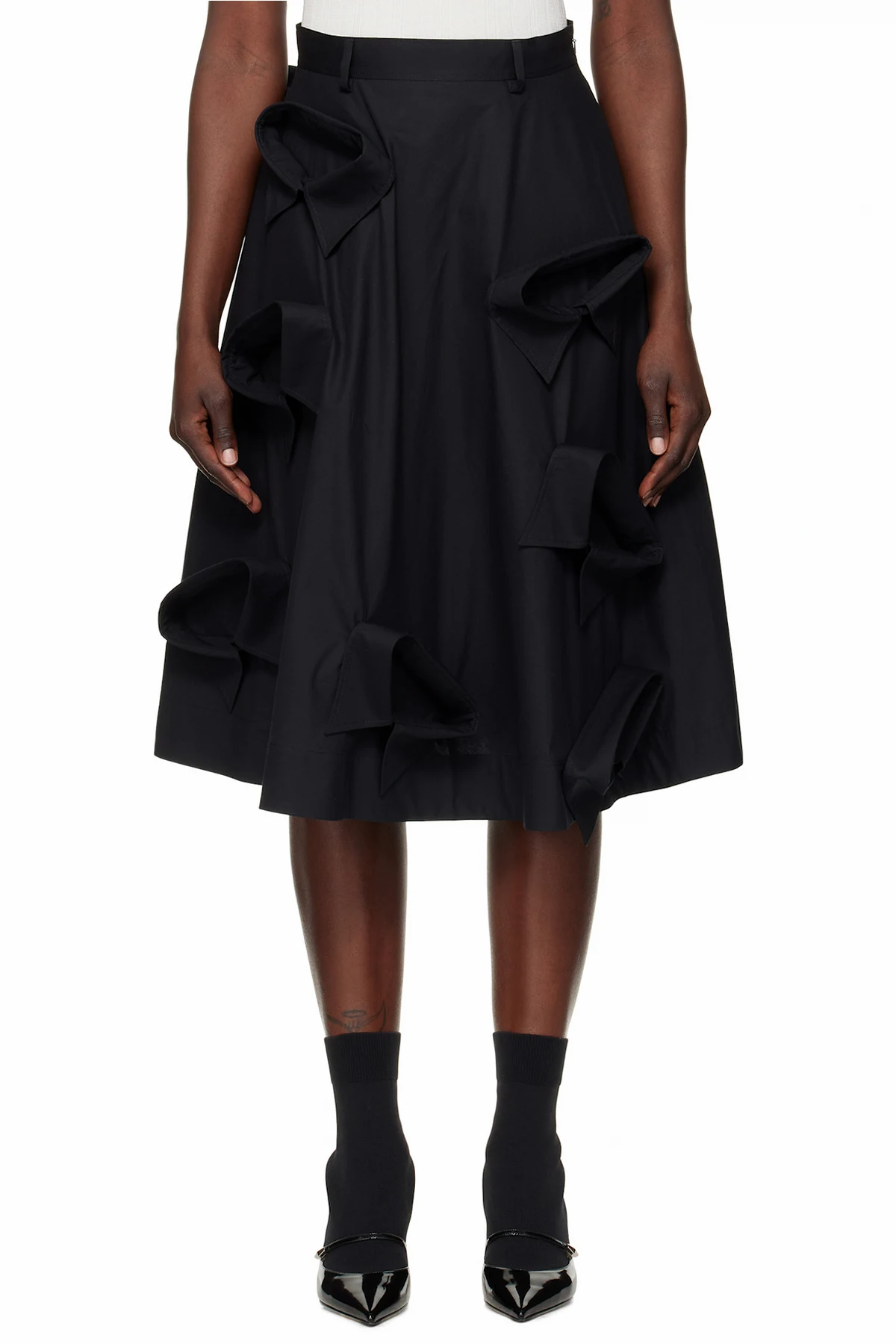 Black Poplin Multi Collars Midi Skirt