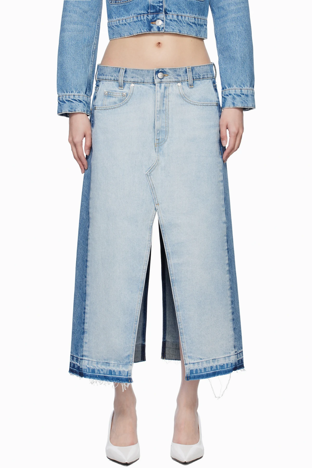 Blue Contrast Panel Denim Midi Skirt