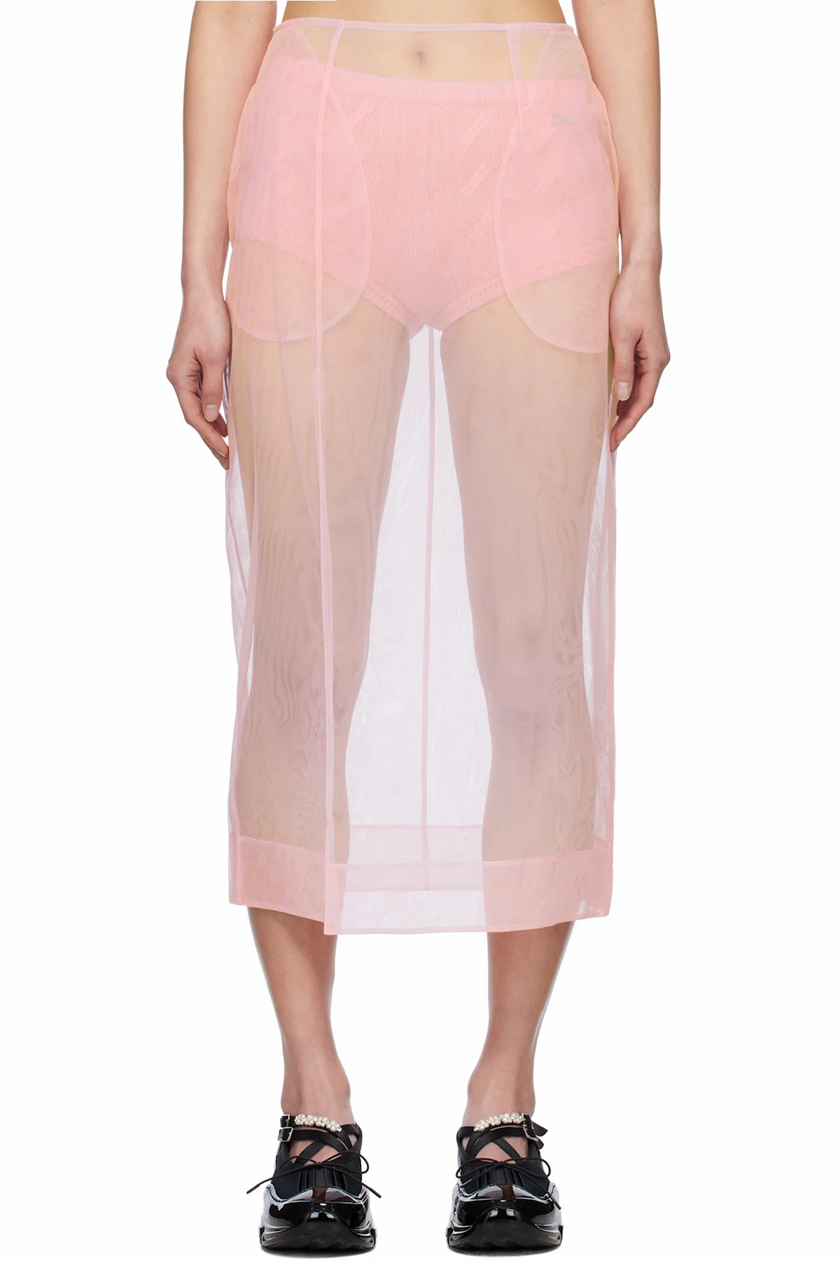 Pink Sheer Slit Pencil Midi Skirt