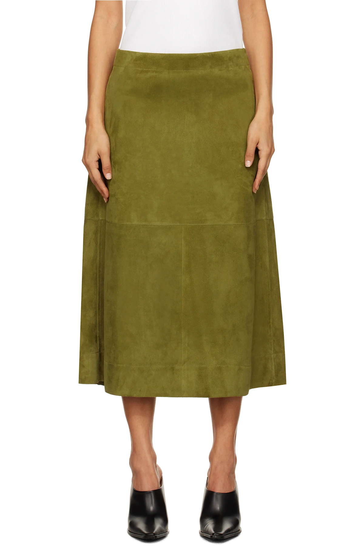 Green Full Grain Suede Midi Skirt