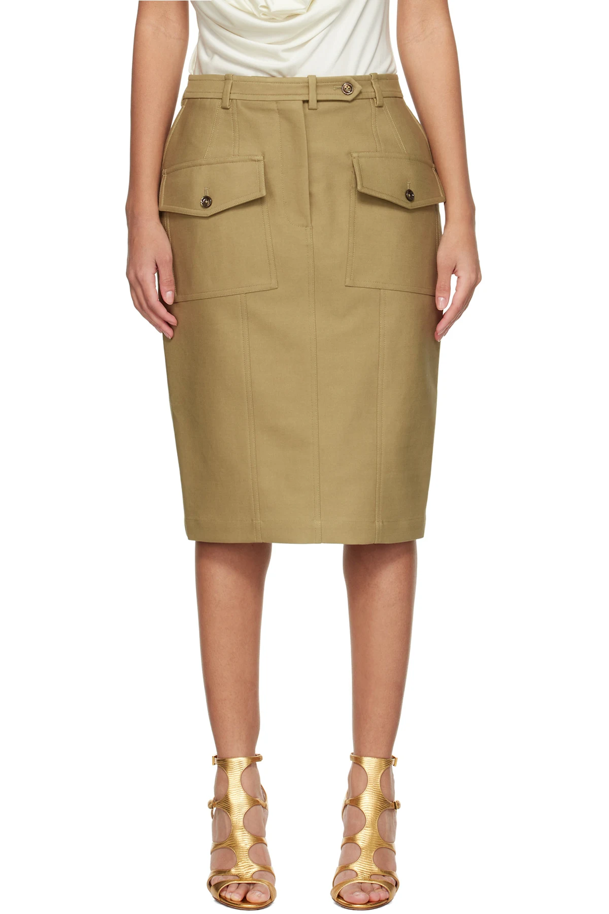 Khaki Patch Pocket Midi Skirt