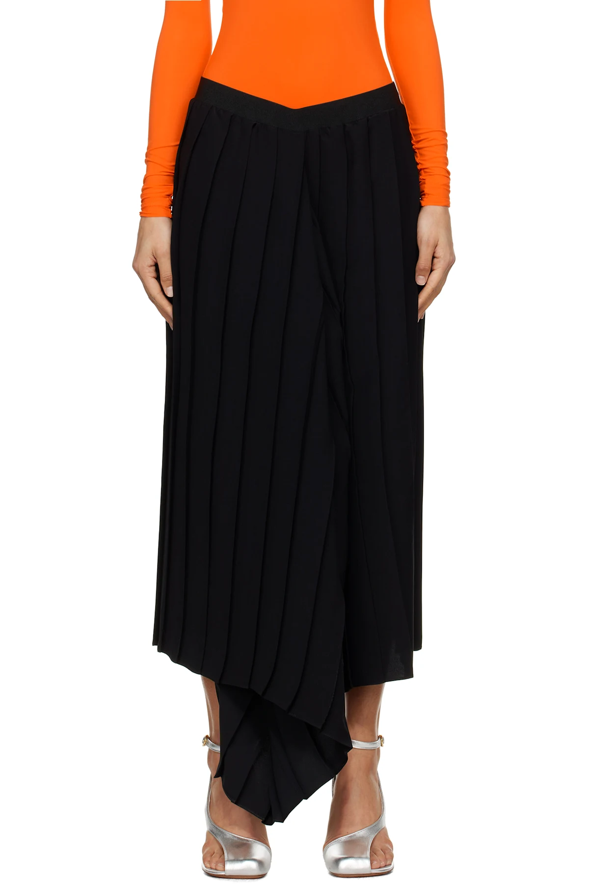 Black Drape Pleated Midi Skirt