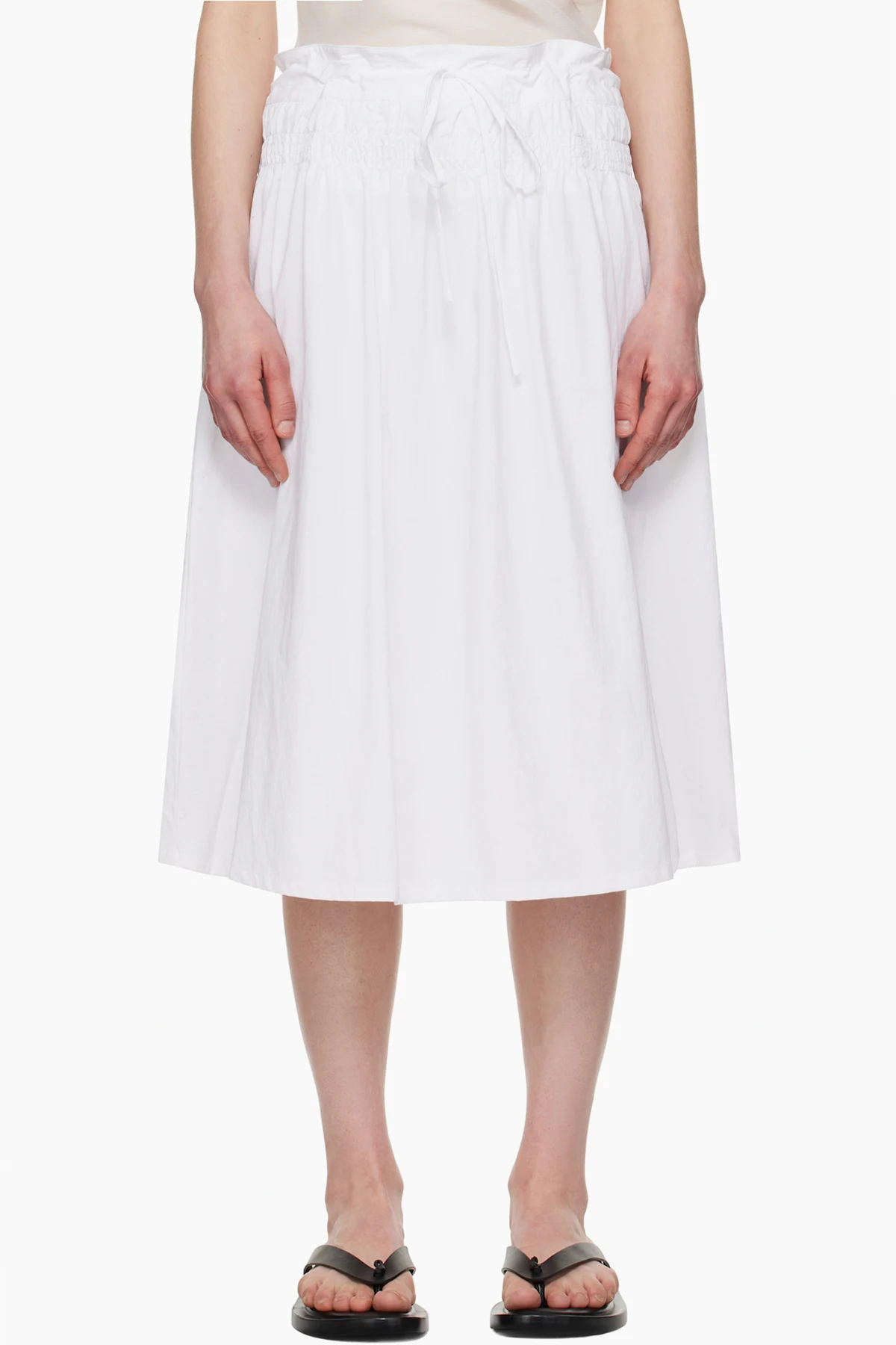 White Smocked Drawstring Midi Skirt
