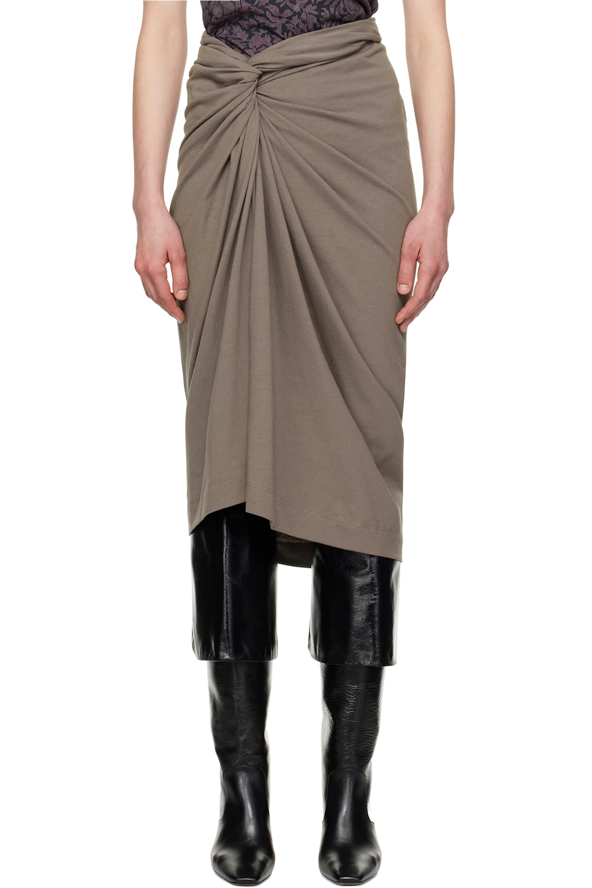 Taupe Knotted Jersey Midi Skirt