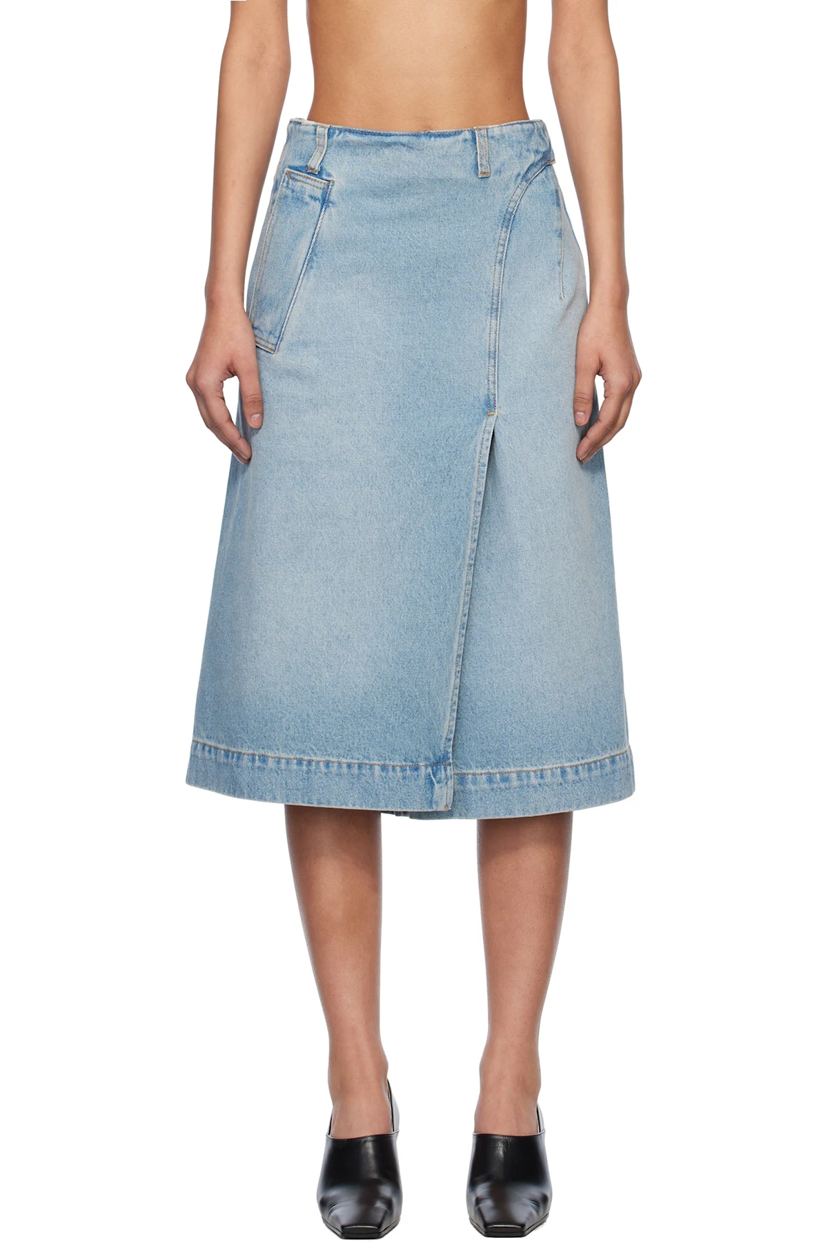 Blue Wrap Detail Denim Midi Skirt