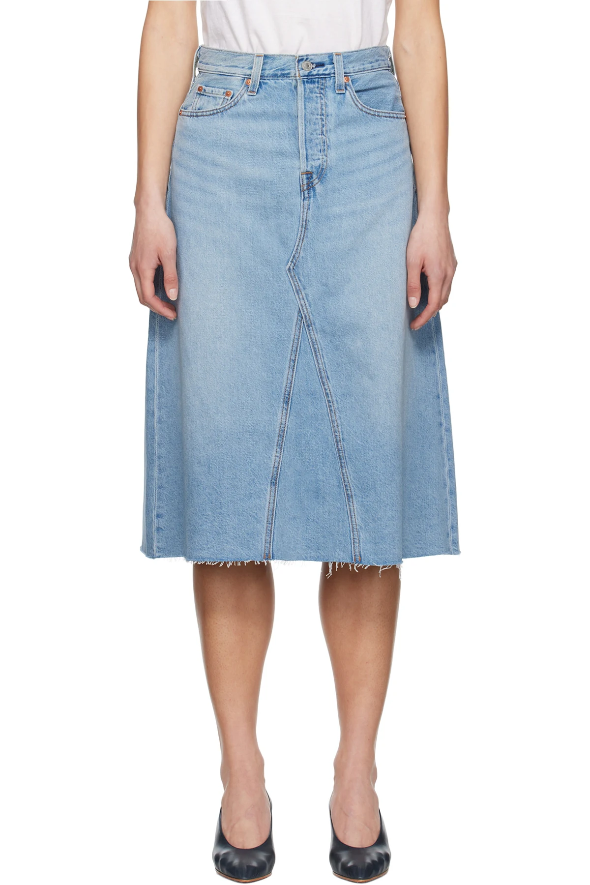 Blue High Rise A-Line Denim Midi Skirt