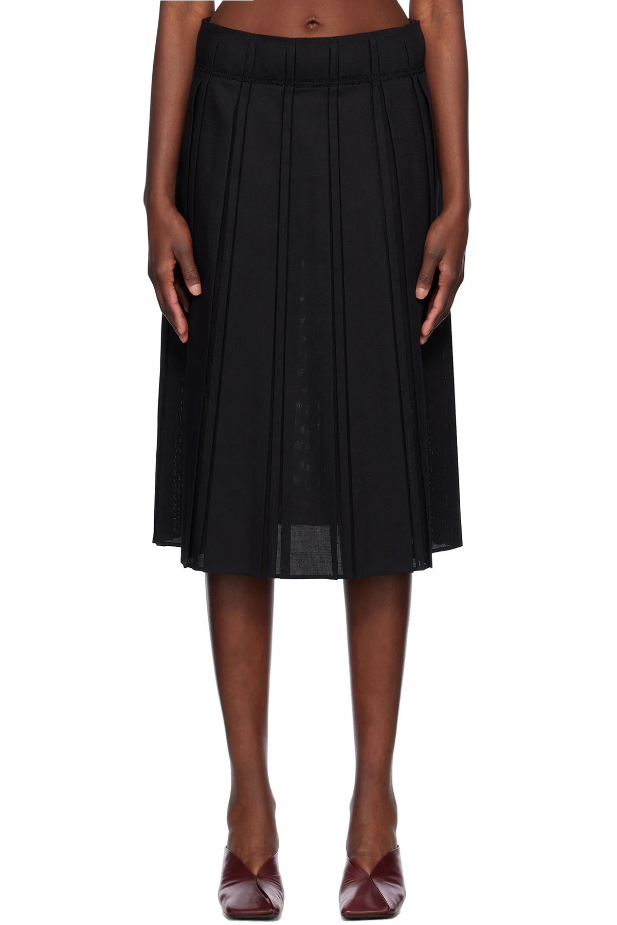 Black Pleated Wool Midi Skirt