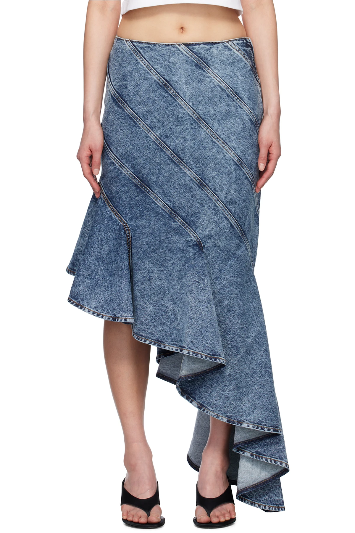 Blue Spiral Denim Midi Skirt