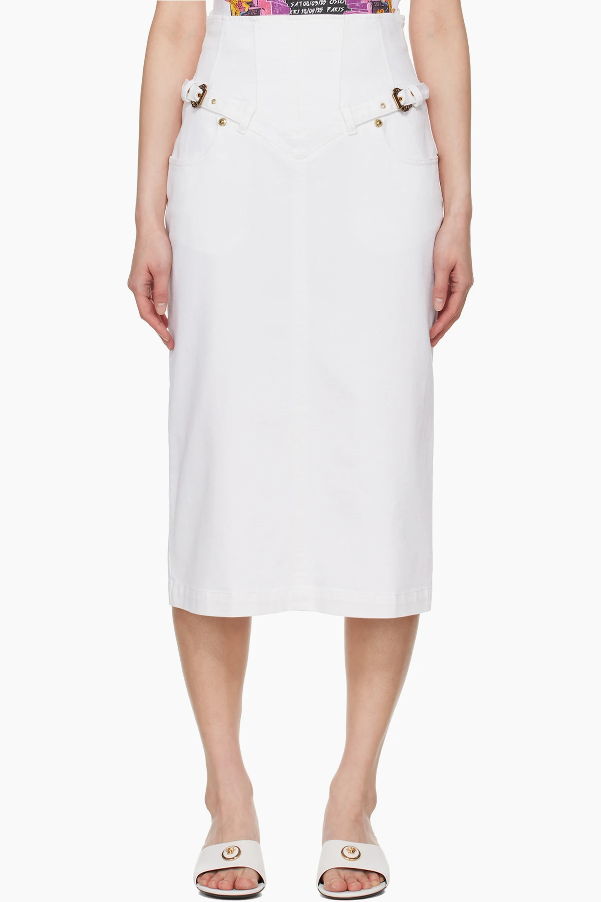 White Baroque Buckle Denim Midi Skirt