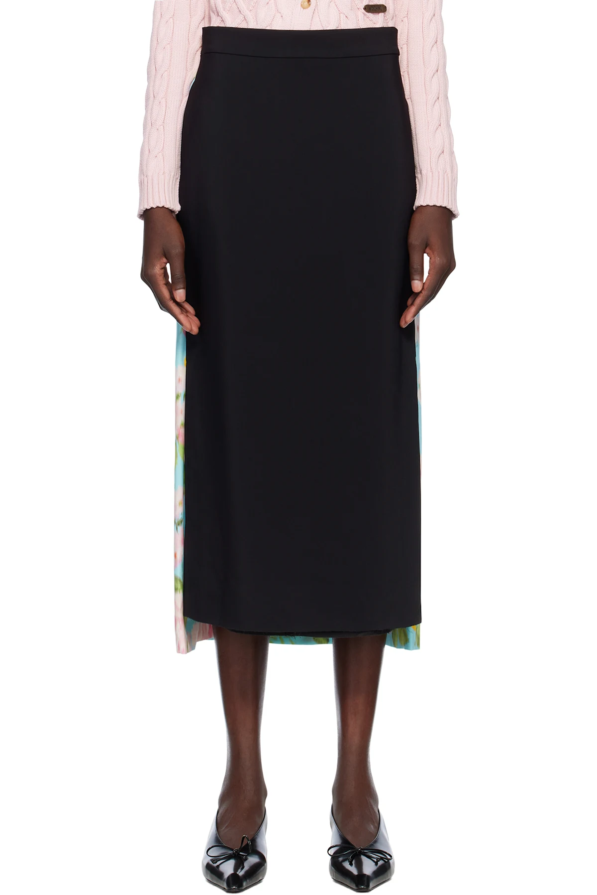 Blue & Black Crêpe & Satin Midi Skirt