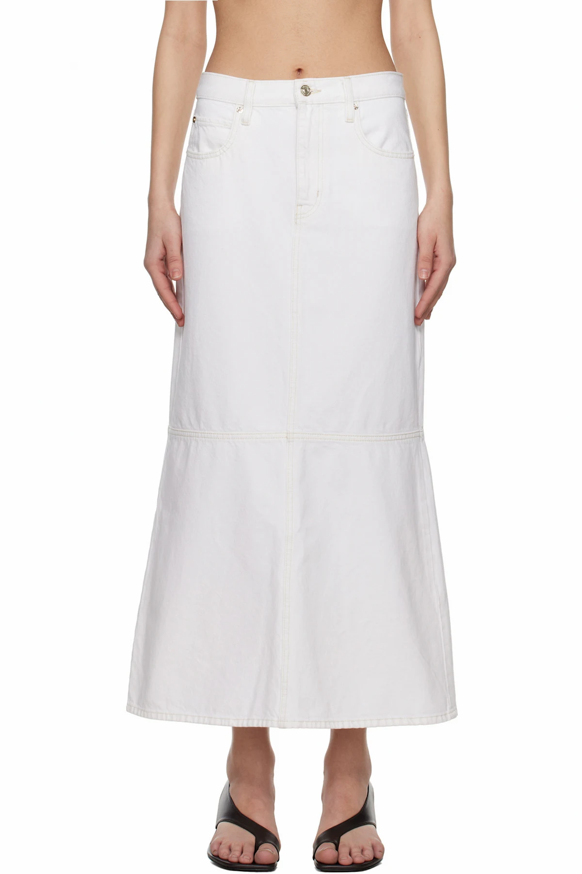 White 'The Flounce' Denim Midi Skirt