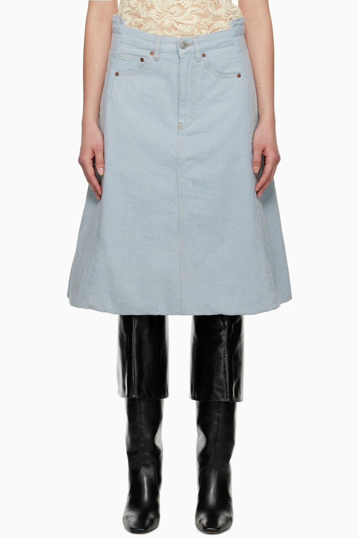 Blue Cocoon Detail Denim Midi Skirt