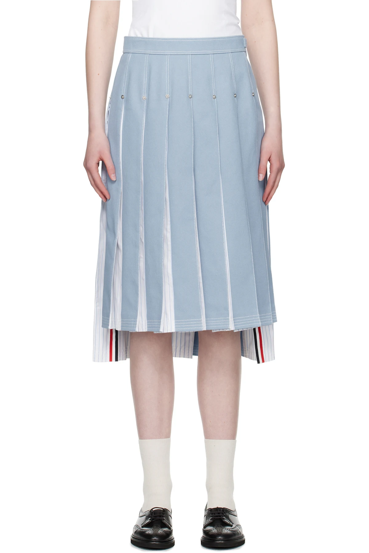 Blue Pleated Denim Midi Skirt