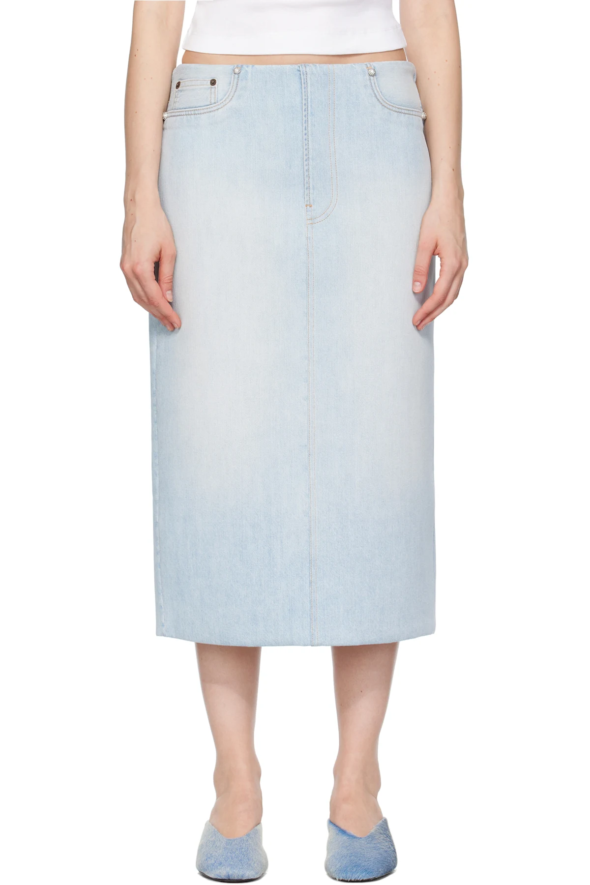 Blue Padded Denim Midi Skirt