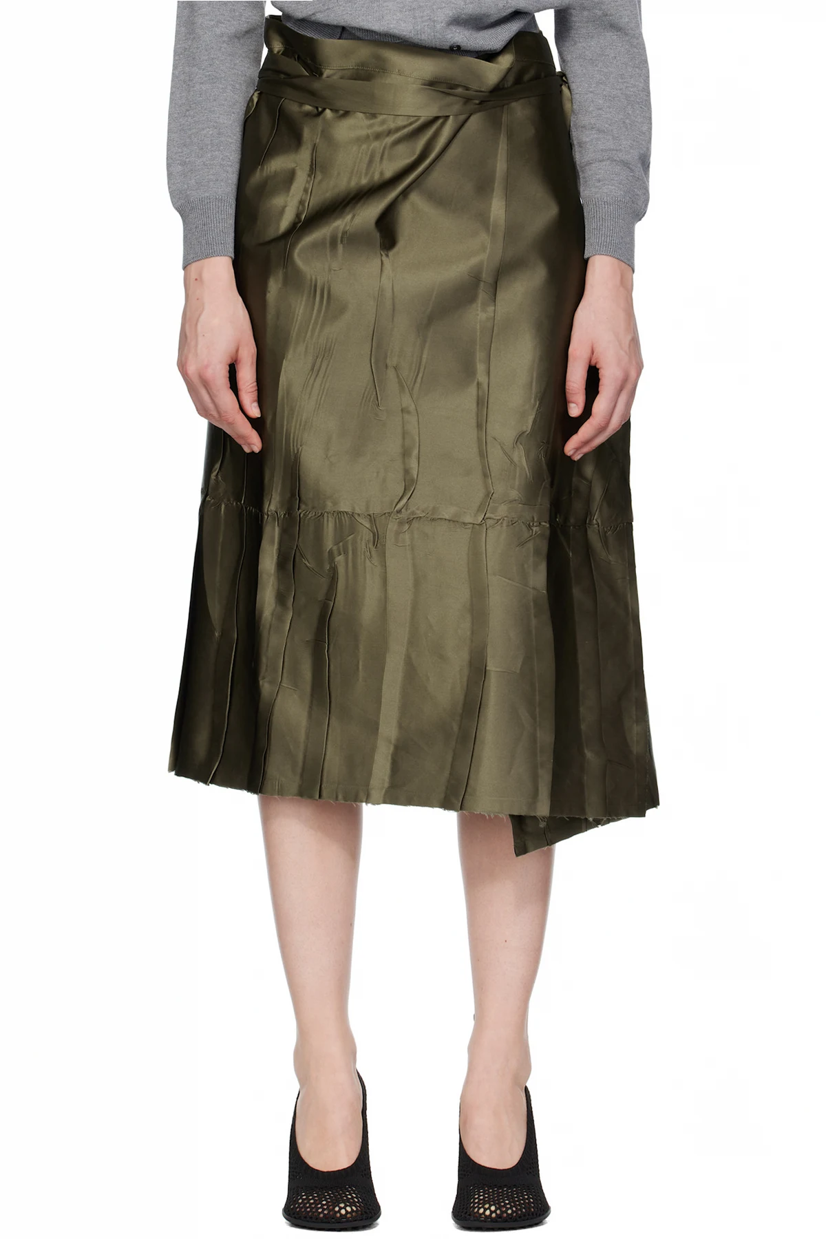 Khaki Apron Flat Midi Skirt