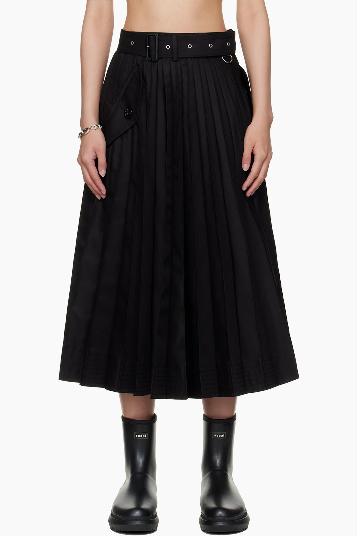 Black Cotton Gabardine Midi Skirt