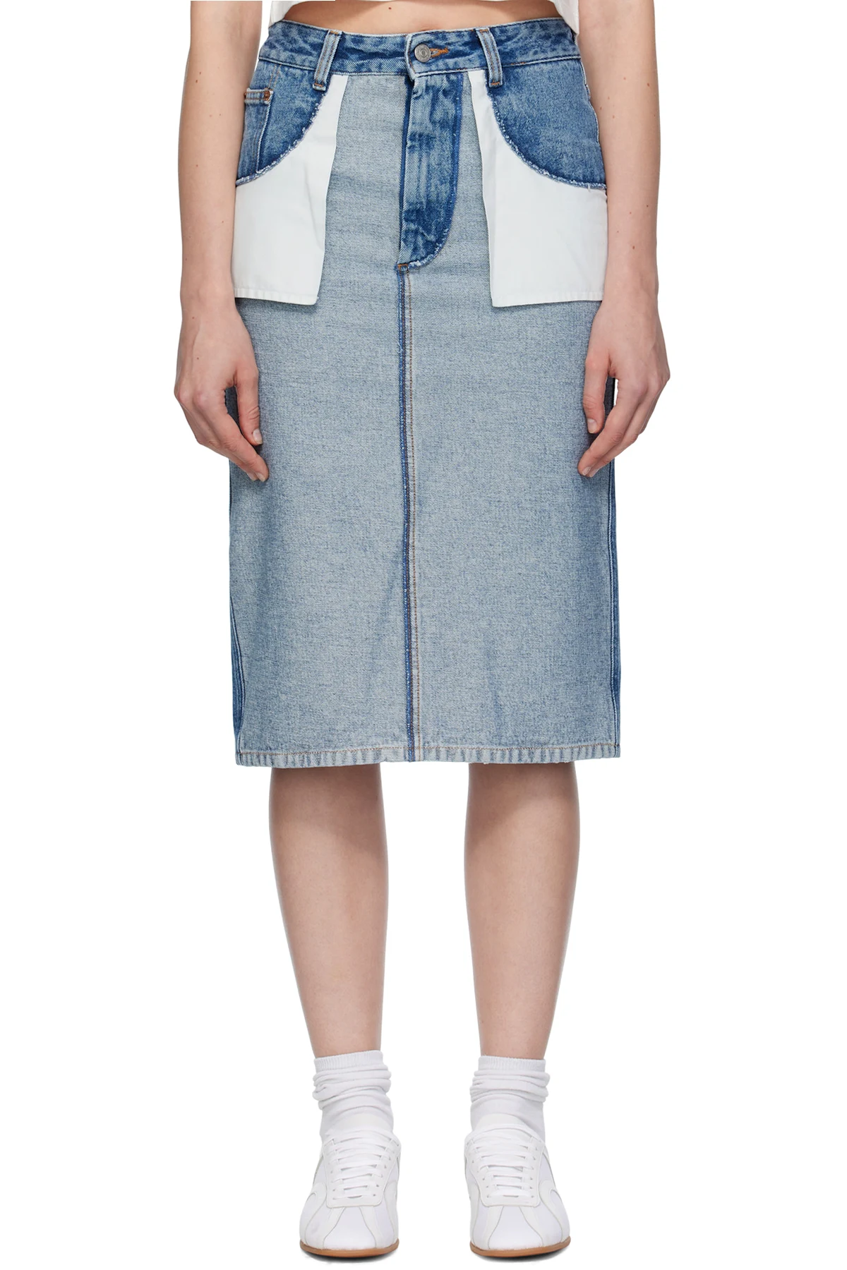 Blue Faded Denim Midi Skirt