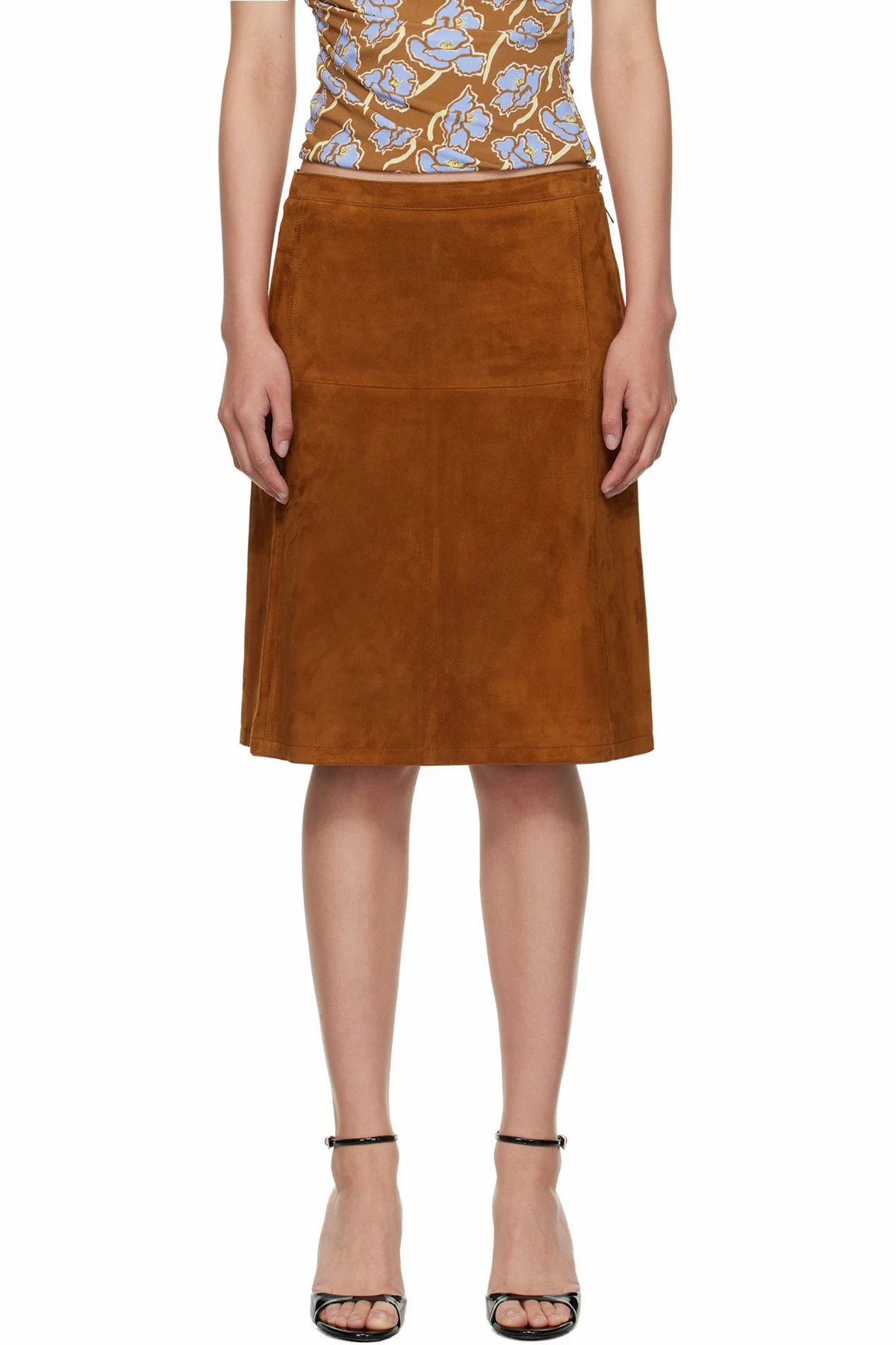 Brown Zip Suede Midi Skirt