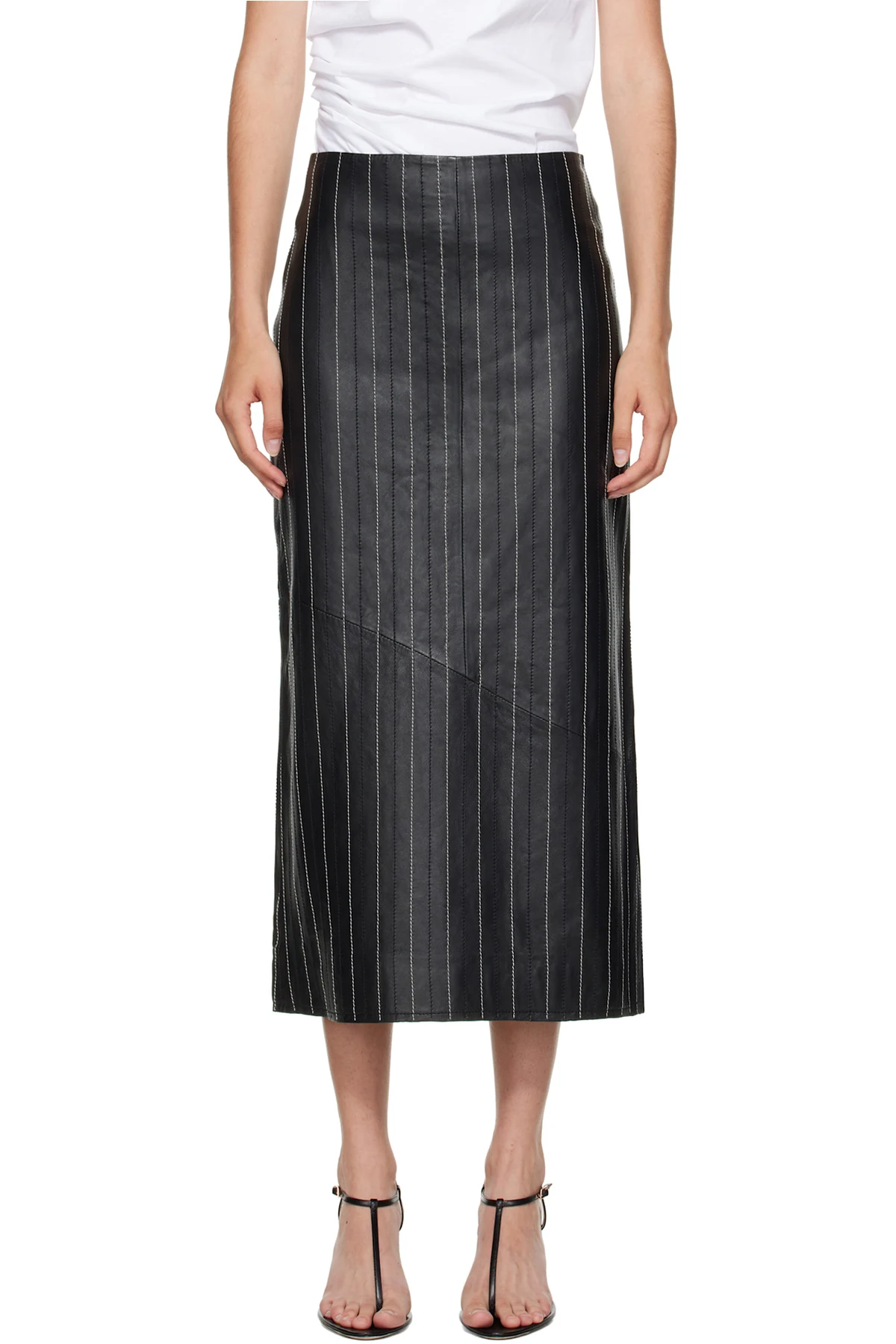 Black Kick Detail Leather Midi Skirt