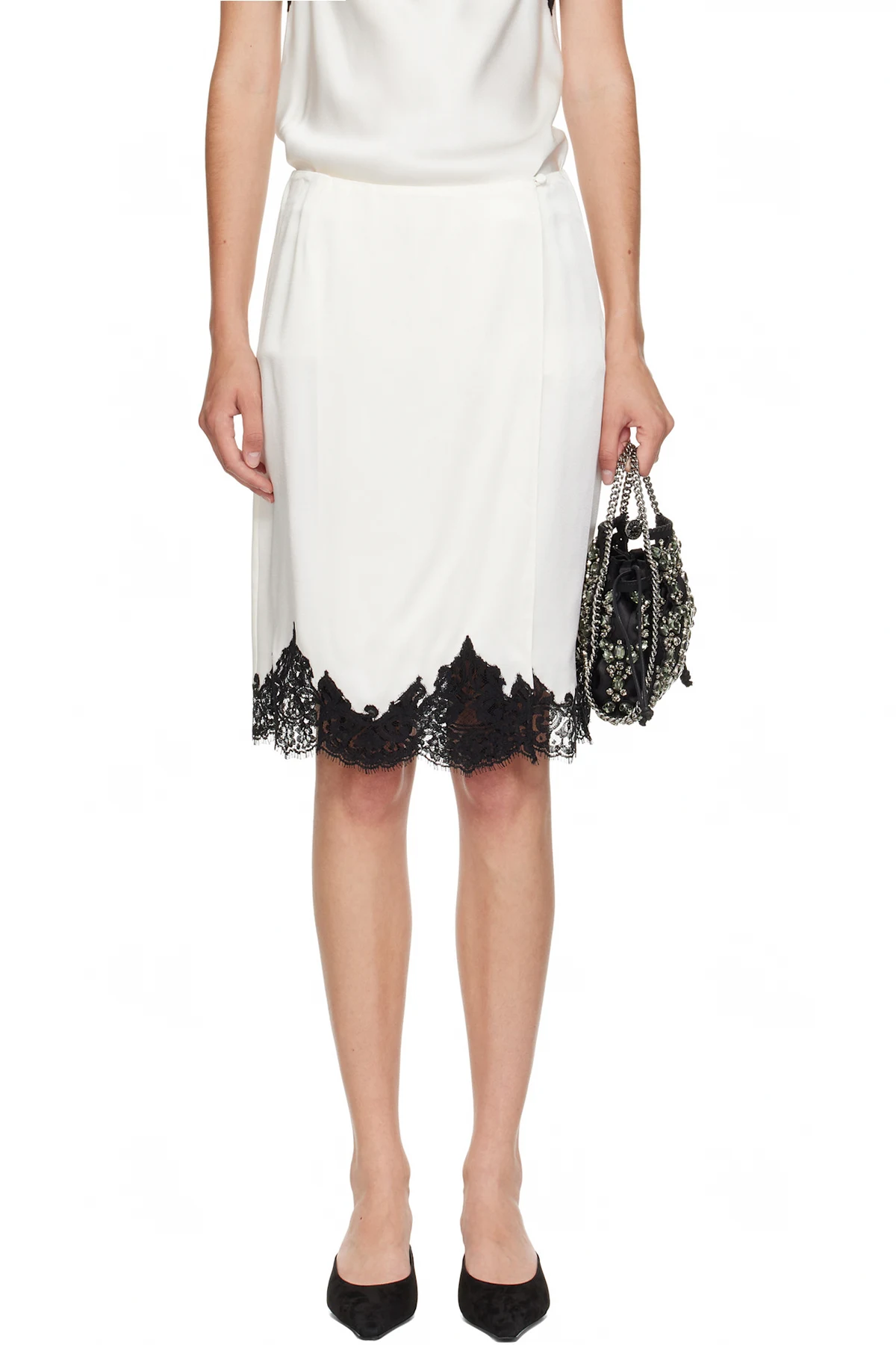 Off-White Lace Satin Midi Skirt